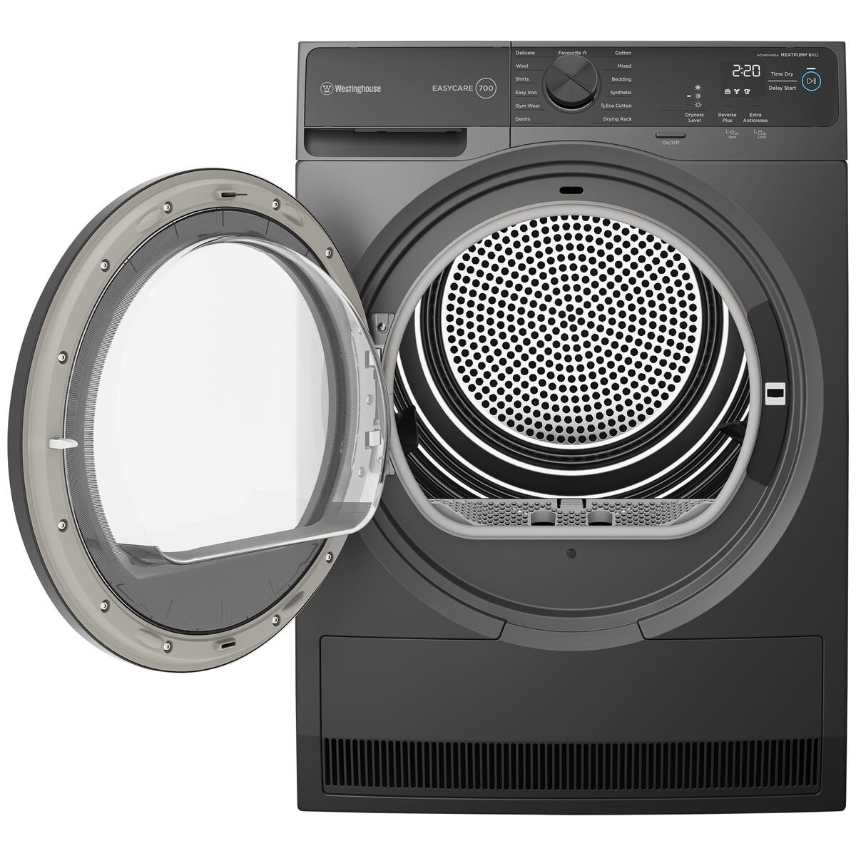 Westinghouse 8kg WDH804N8SA Heat Pump Dryer with EasyCare Technology - Metallic Grey | Energy Efficient, Quiet Operation for Apartments & Small Laundry Rooms