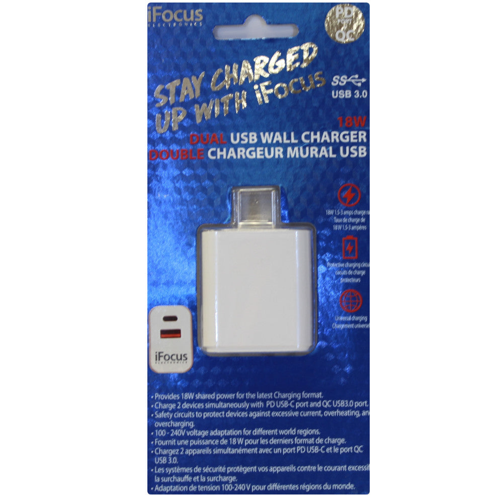 iFOCUS Dual Port USB Wall Charger with USB 3.0 & Type C Fast Charging - Perfect for Home, Office & Travel Charging Phones, Tablets & Devices