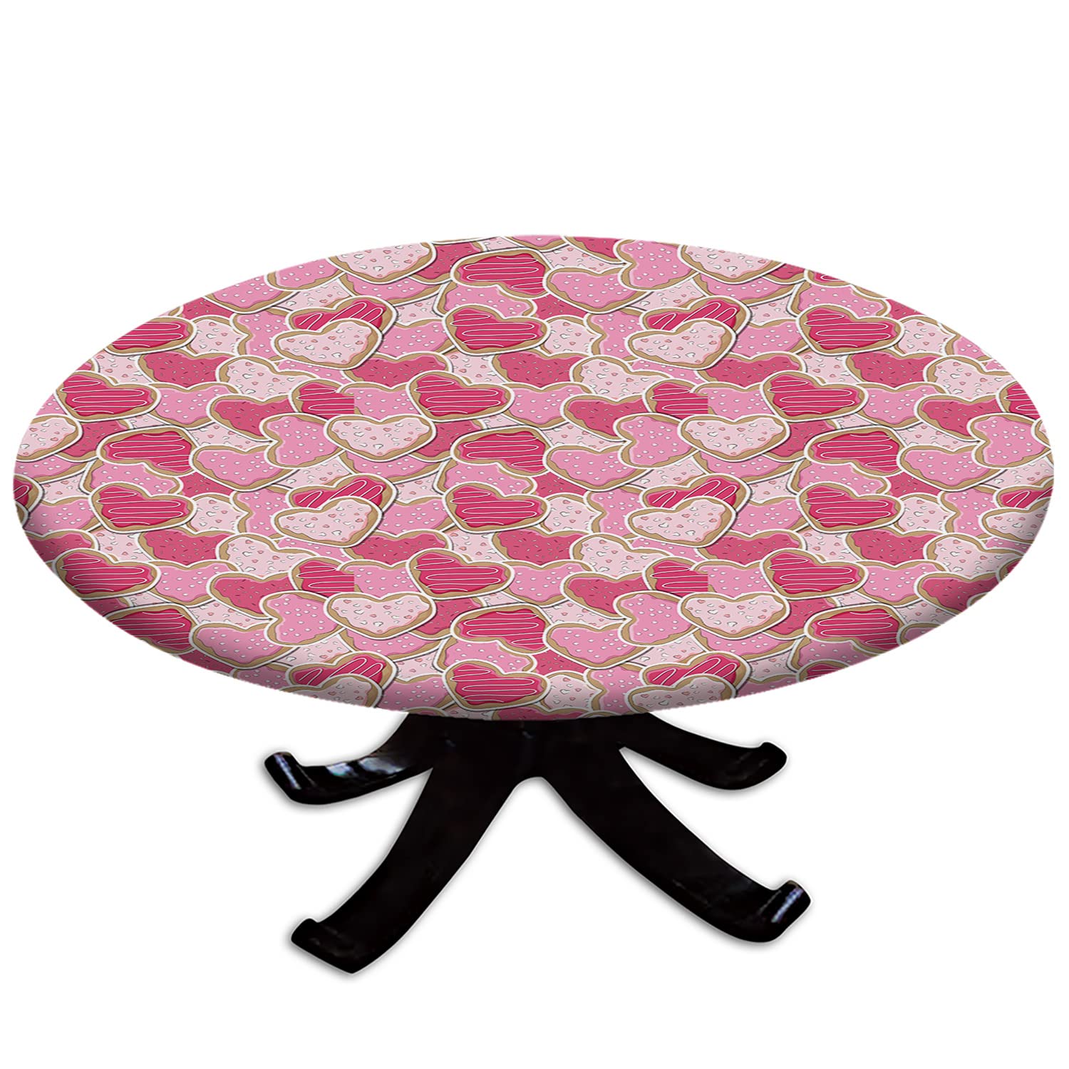 Ousente Valentine's Day Fitted Tablecloth with Elastic Edge - Heart-Shaped Design for Romantic Cookies & Goodies - Fits 52 Inch Round Tables - Perfect for Indoor Dining, Outdoor Parties & Patio Gatherings