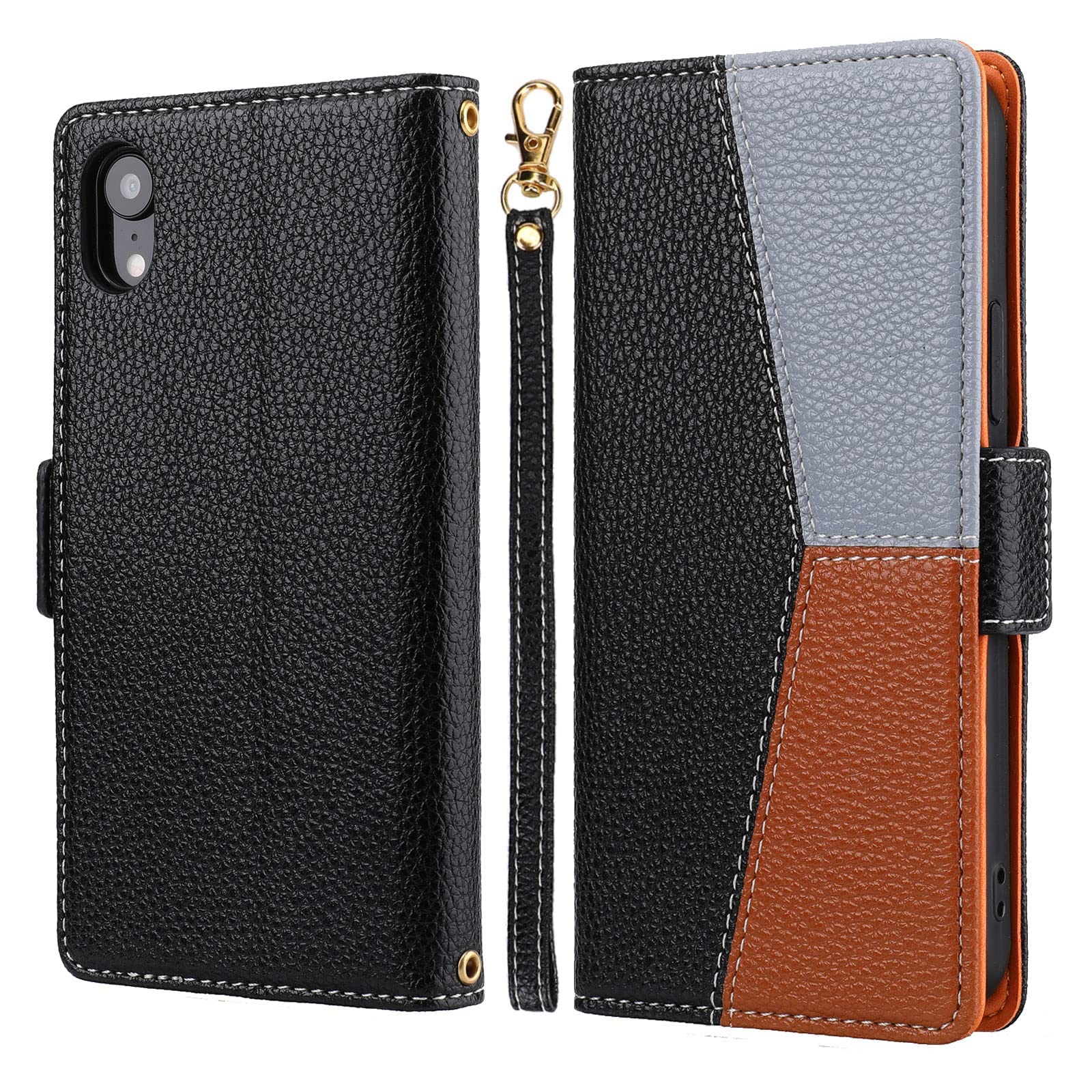 Premium Leather Wallet Case for iPhone X/XS with Card Slots & Wrist Strap | Flip Folio Protective Cover | Splice Black Design | Perfect for Business, Travel & Everyday Use