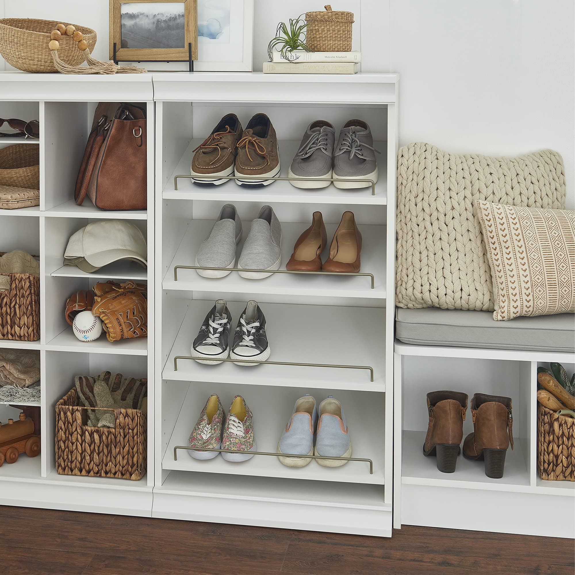 ClosetMaid Modular Storage Angled Shelves - Adjustable Wood Closet Organizer with Stackable Design, Full Backer & Decorative Trim - White Shoe Shelf Unit for Bedroom, Closet, Entryway Organization