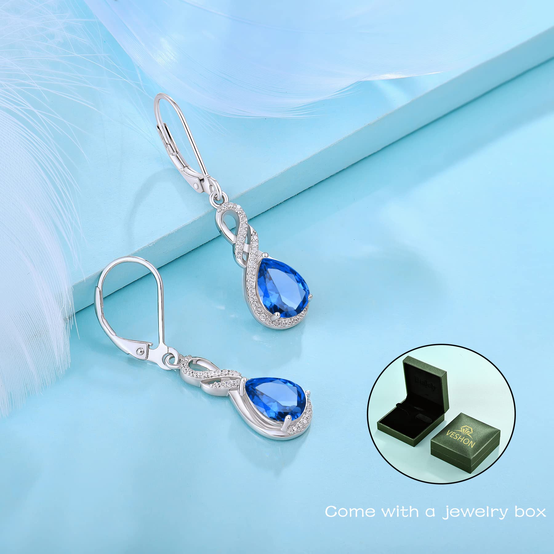 CZ Teardrop Earrings for Women - 925 Sterling Silver Infinity Leverback Earrings with Birthstone, 7x9mm Dangle Drop Jewelry - Perfect Birthday Gift for Wife, Her, Women | Elegant for Parties, Weddings, Date Nights