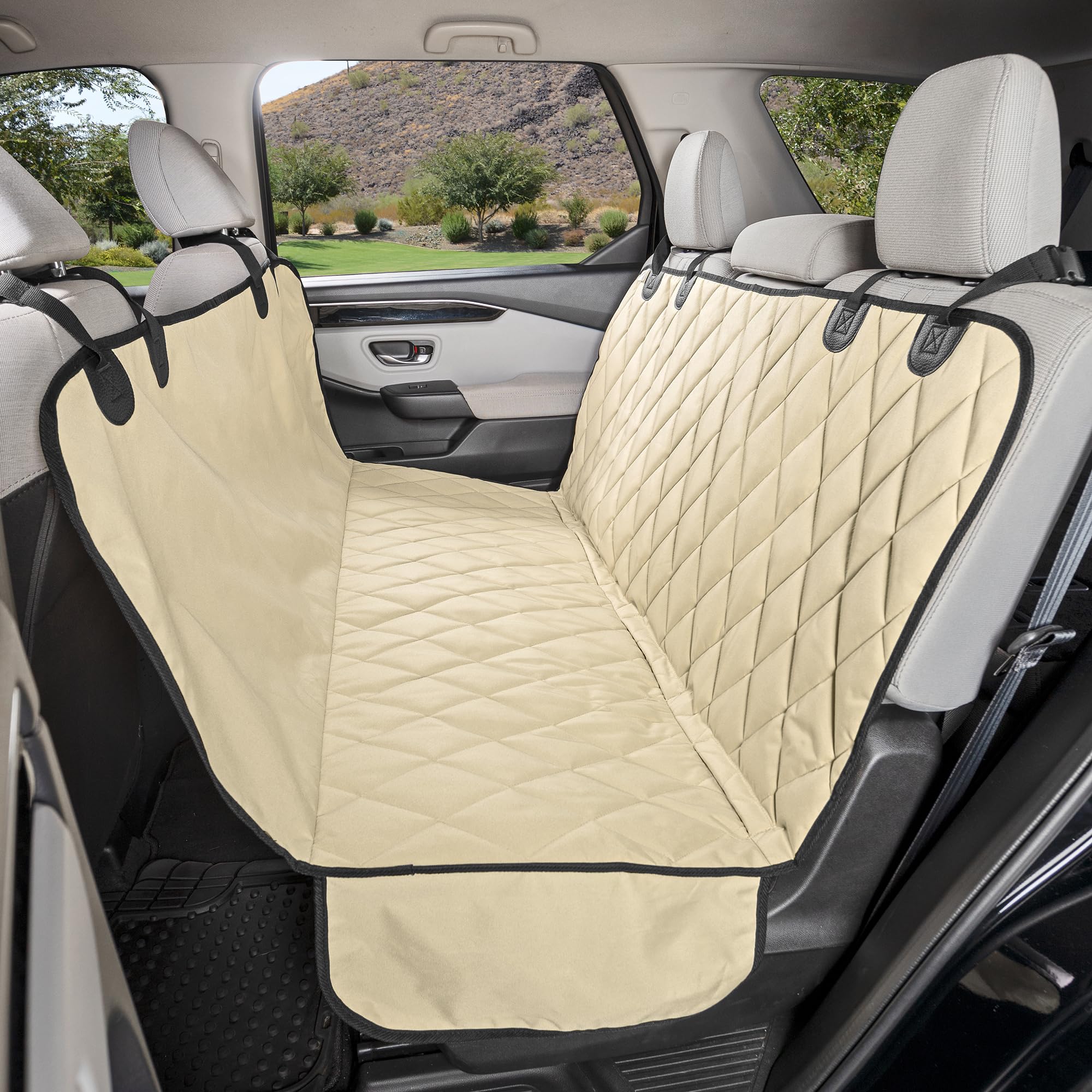 4Knines Waterproof Dog Backseat Cover with Hammock - Heavy Duty Pet Seat Protector for Cars, SUVs & Trucks | Non-Slip Design, Durable Nylon Clips & K9 Shield | Perfect for Road Trips, Daily Commutes & Pet Adventures (XL, Tan)