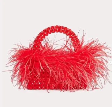 Handmade Designer Pearl Bead Bag with Feather Fur Trim - Elegant Acrylic Crystal Stone Evening Tote Clutch for Women | Perfect for Parties, Weddings & Special Occasions