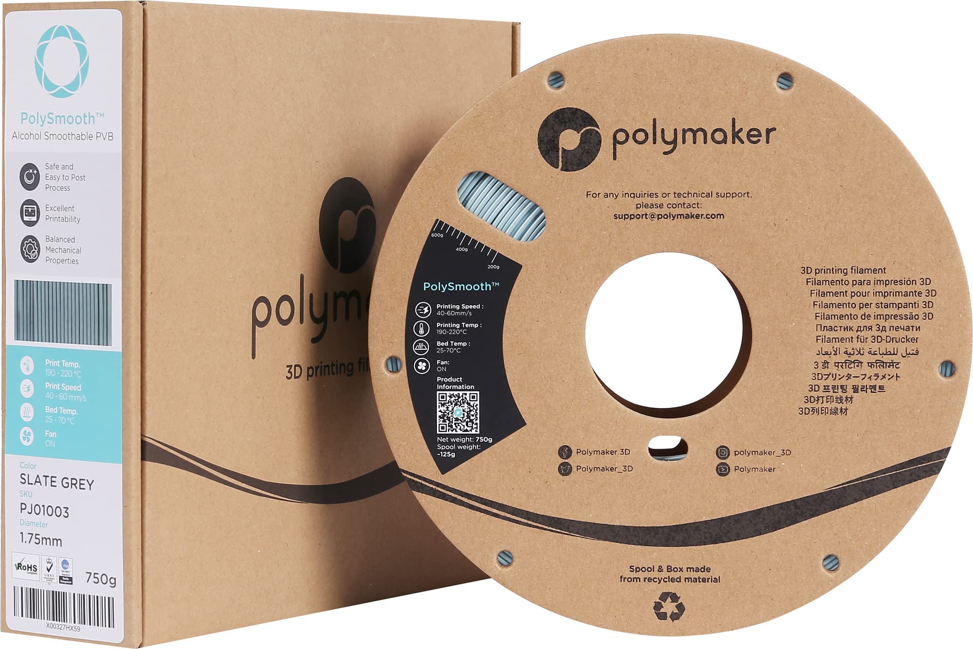 Polymaker PolySmooth PVB 3D Printer Filament 1.75mm Slate Grey - 750g Cardboard Spool | Easy Smoothing with IPA Alcohol | Compatible with Polysher | Perfect for Miniatures, Cosplay Props & Functional Prototypes