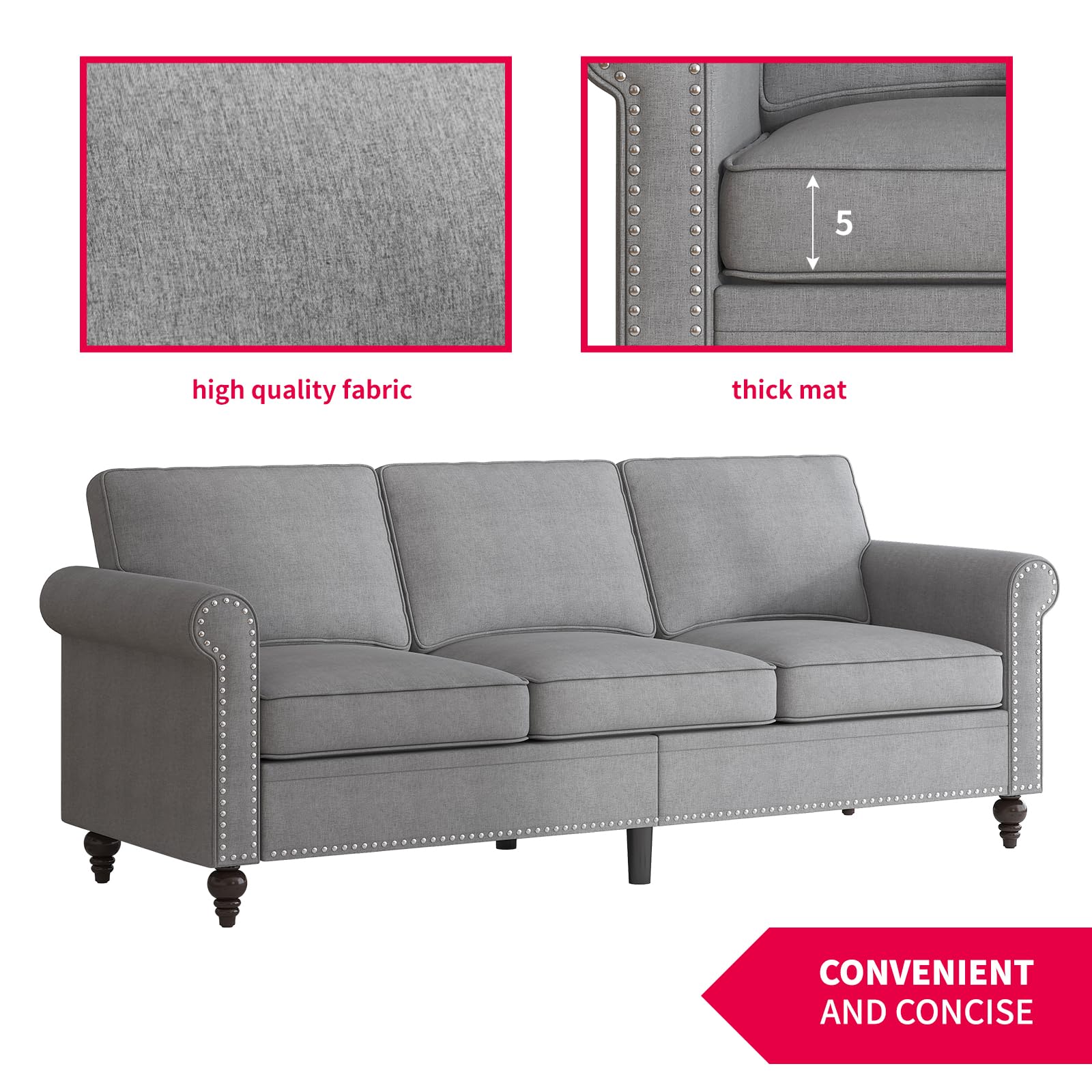 MUZZ 3-Piece Modern Linen Sectional Sofa Set with Nailhead Trim - 6-Seater Living Room Furniture (Sofa, Loveseat & Chair) in Light Grey - Perfect for Family Gatherings & Cozy Home Decor