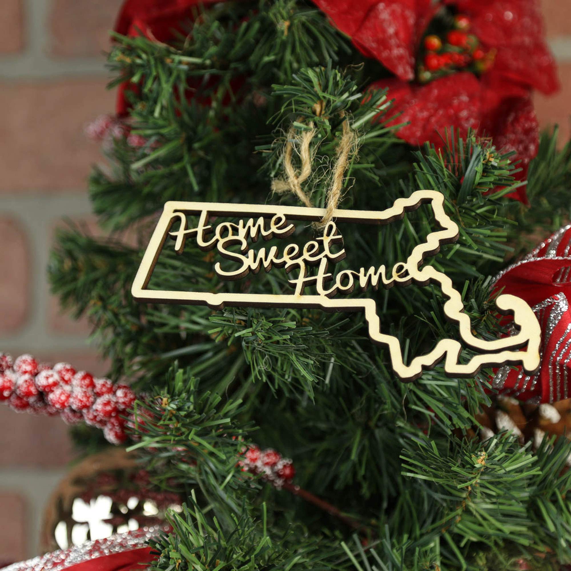Torched 'Home Sweet Home' Christmas Tree Ornament - Handmade Wooden Hanging Decor for Holiday & Housewarming Gifts - Perfect for Massachusetts Themed Christmas Decorations & New Home Celebrations