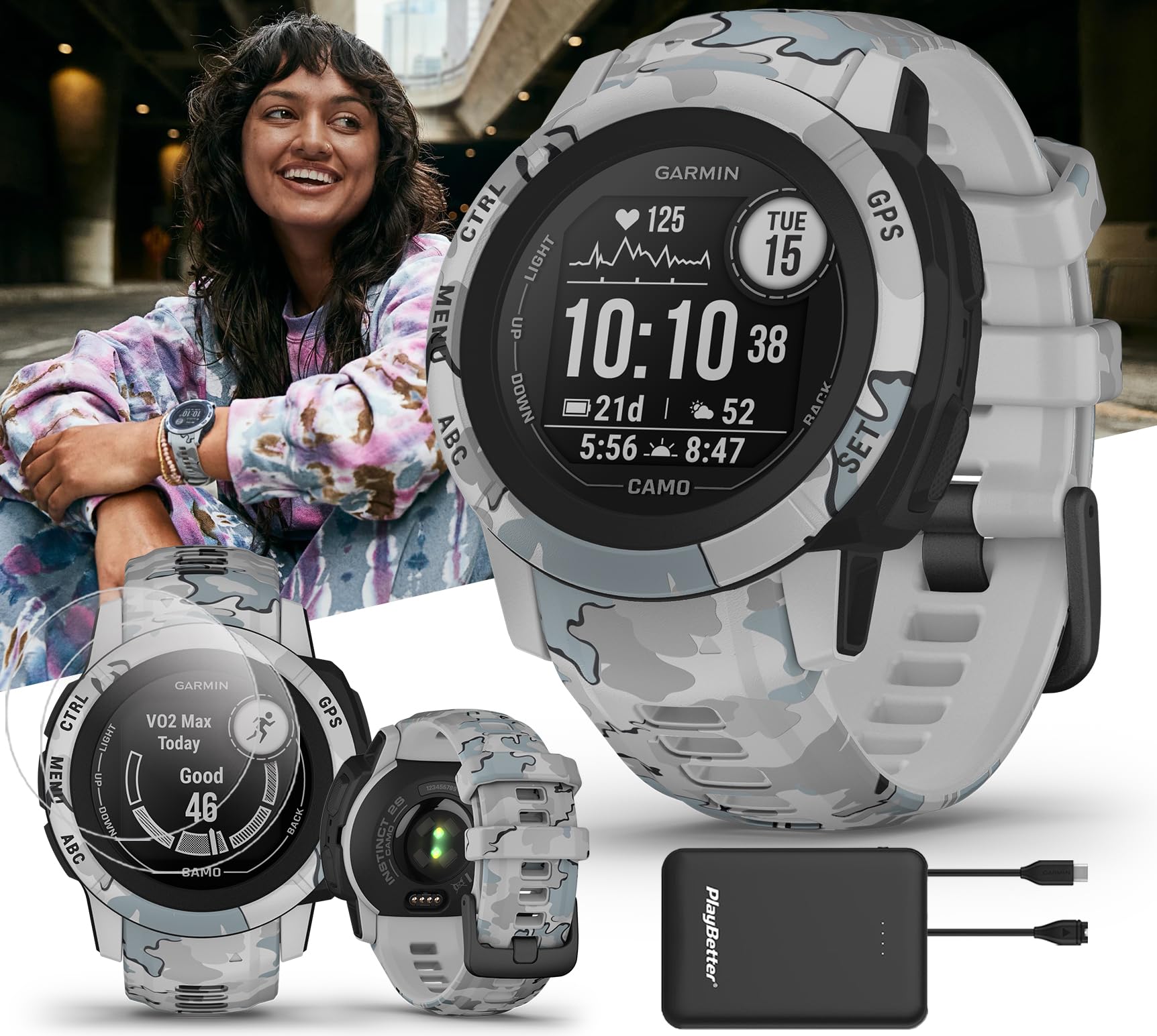 Garmin Instinct 2S Camo (Mist) Rugged GPS Smartwatch Bundle - Military Outdoor Watch with Multi-GNSS, 24/7 Heart Rate Monitor & Fitness Tracker, 40mm Small/Medium - Includes Screen Protectors & Portable Charger - Perfect for Hiking, Running & Adventure Sports