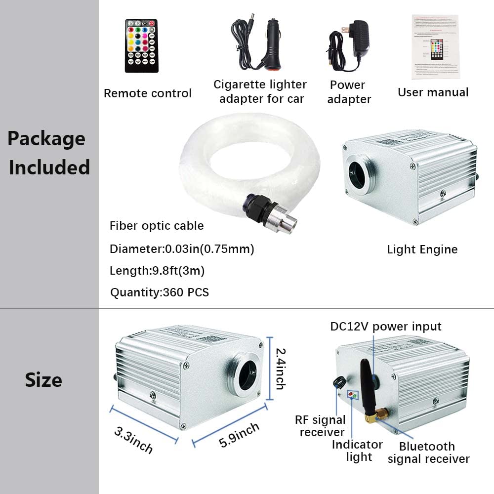 10W RGBW LED Fiber Optic Star Ceiling Light Kit - 360pcs 0.03in Twinkle Lights with Bluetooth APP & Remote Control for Car & Home Decoration | Music Sync Mode, 9.8ft Starlight Headliner | Perfect for Bedroom, Theater, Party & Romantic Ambiance