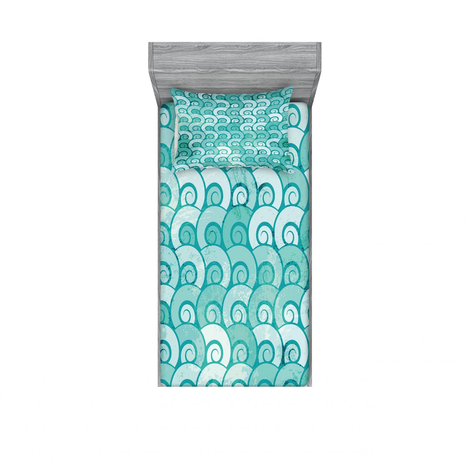 Ambesonne Ocean 2-Pack Twin Fitted Sheet & Pillow Sham Set - Swirled Spiral Sea Waves Design, 4-Piece Aqua Blue Bedding Decor (2 Fitted Sheets + 2 Pillow Covers) - Perfect for Beach House, Guest Room & Coastal Themed Bedrooms