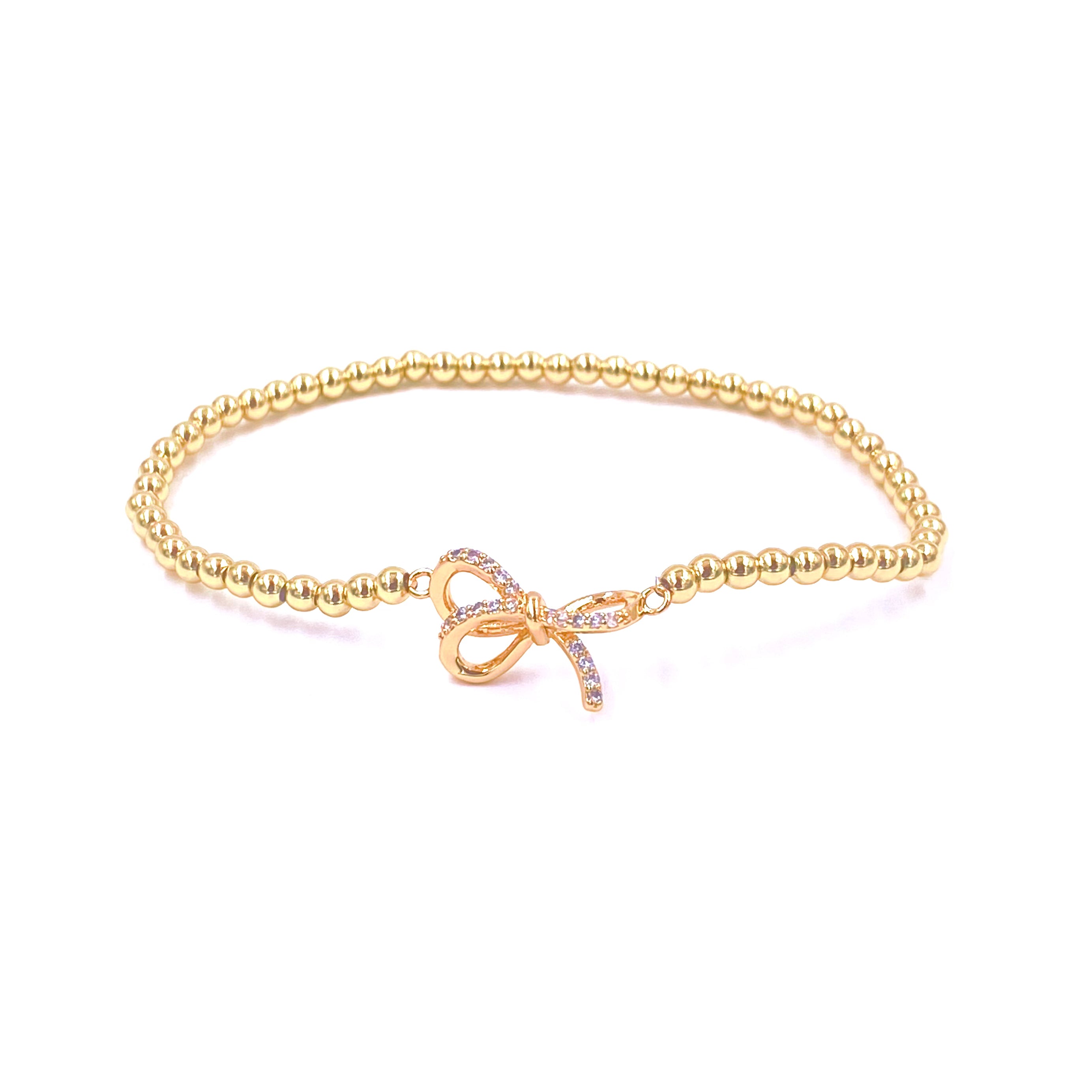 Elegant Ashley Gold Stainless Steel Bracelet with CZ Bow Design - Stretch Beaded Jewelry for Women - Perfect for Parties, Weddings & Daily Wear
