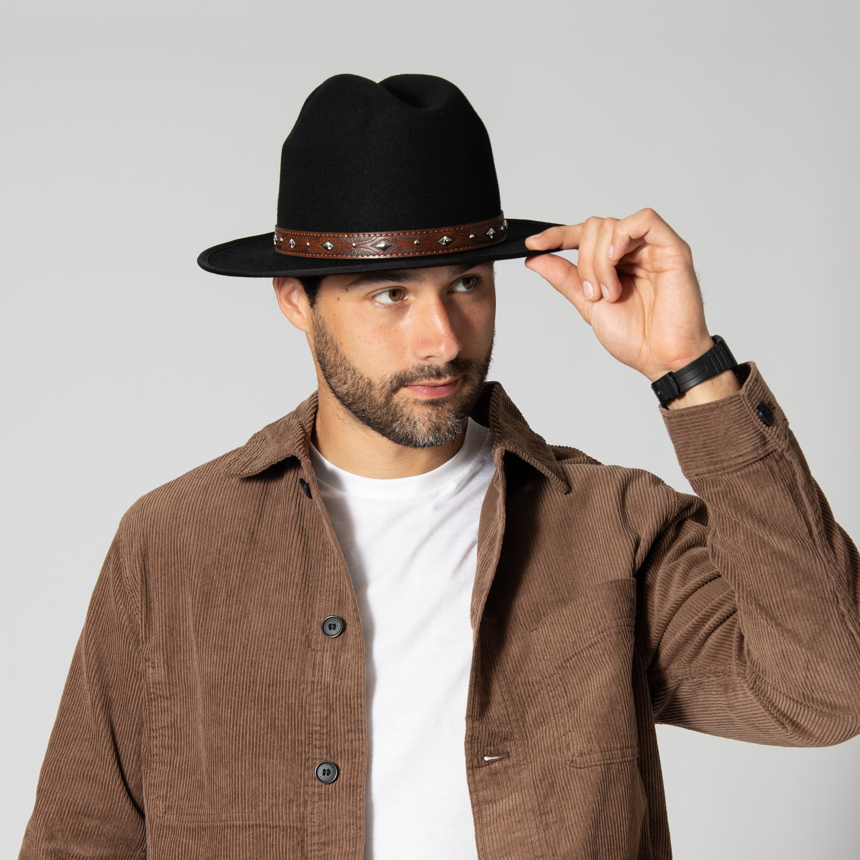 Men's Wool Felt Cowboy Hat with Embossed Faux Leather Trim - Western Style Hat for Rodeo, Country Music Festivals & Outdoor Adventures