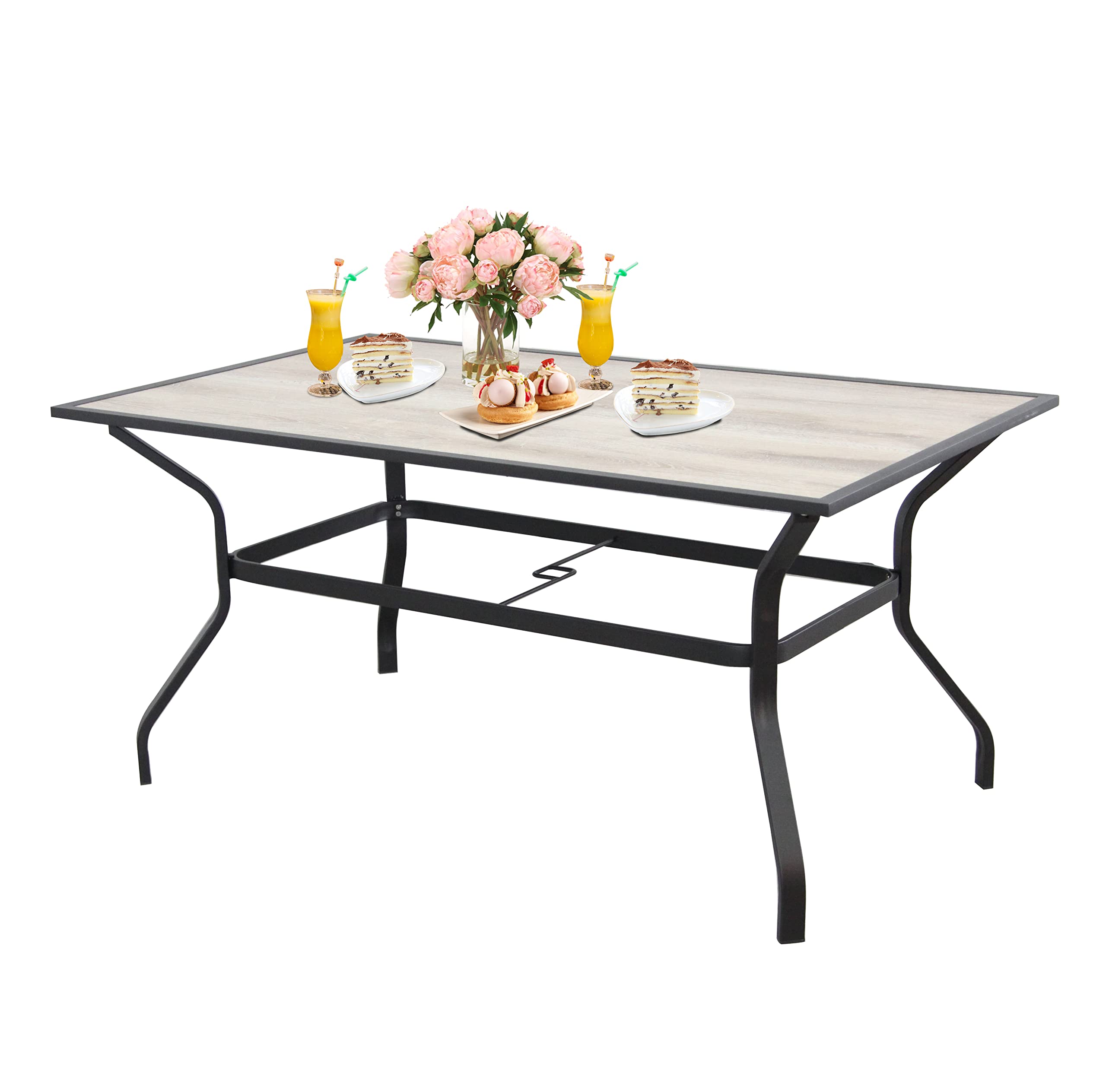 Domi 37'' x 59.75'' Outdoor Patio Dining Table - Rectangular Metal Table with Umbrella Hole & Wood-Look Tabletop for Porch, Backyard, Balcony, Garden - Perfect for Outdoor Entertaining, BBQs, and Family Gatherings