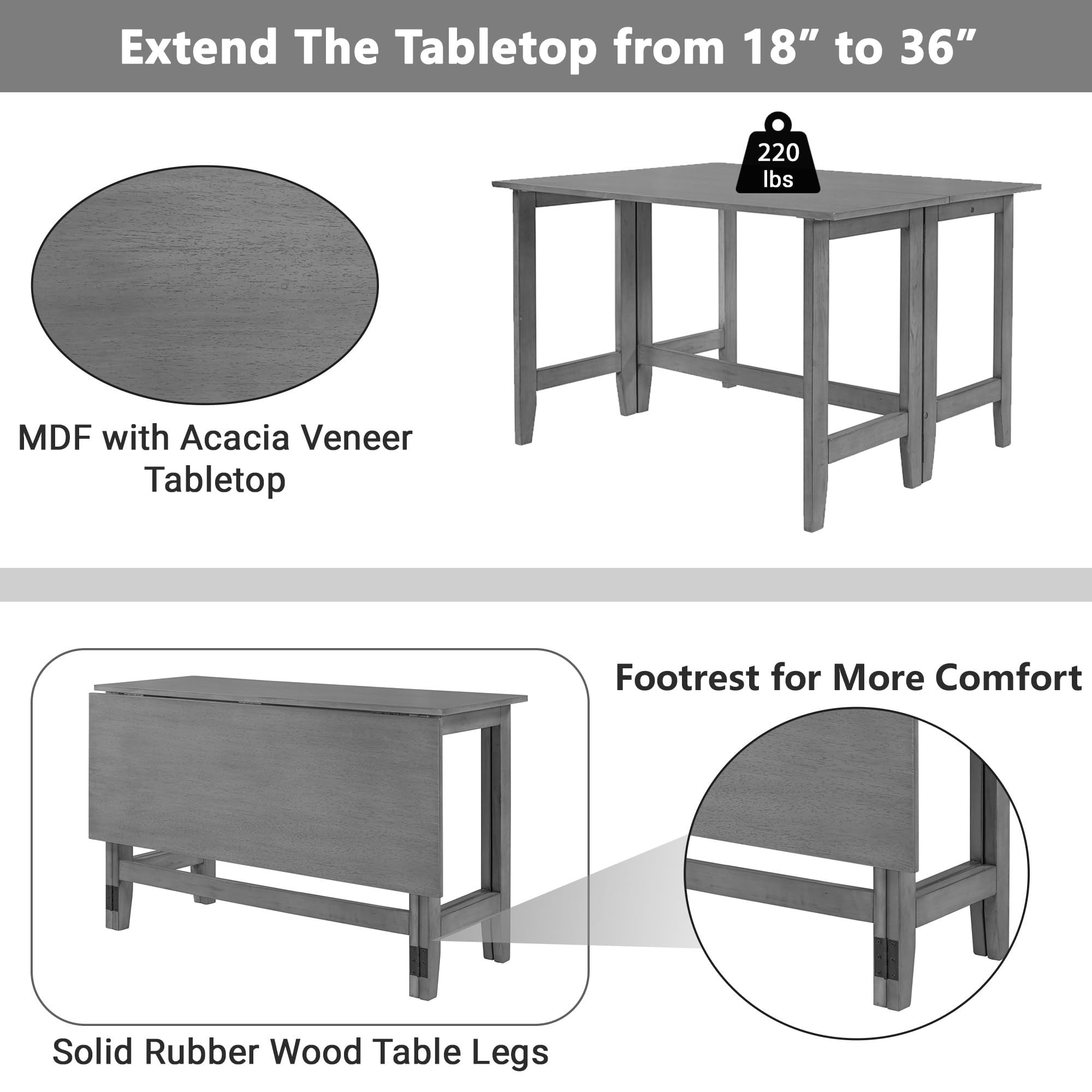 Farmhouse Drop Leaf Folding Dining Table - Solid Wood Extendable Kitchen Table for Small Spaces (18