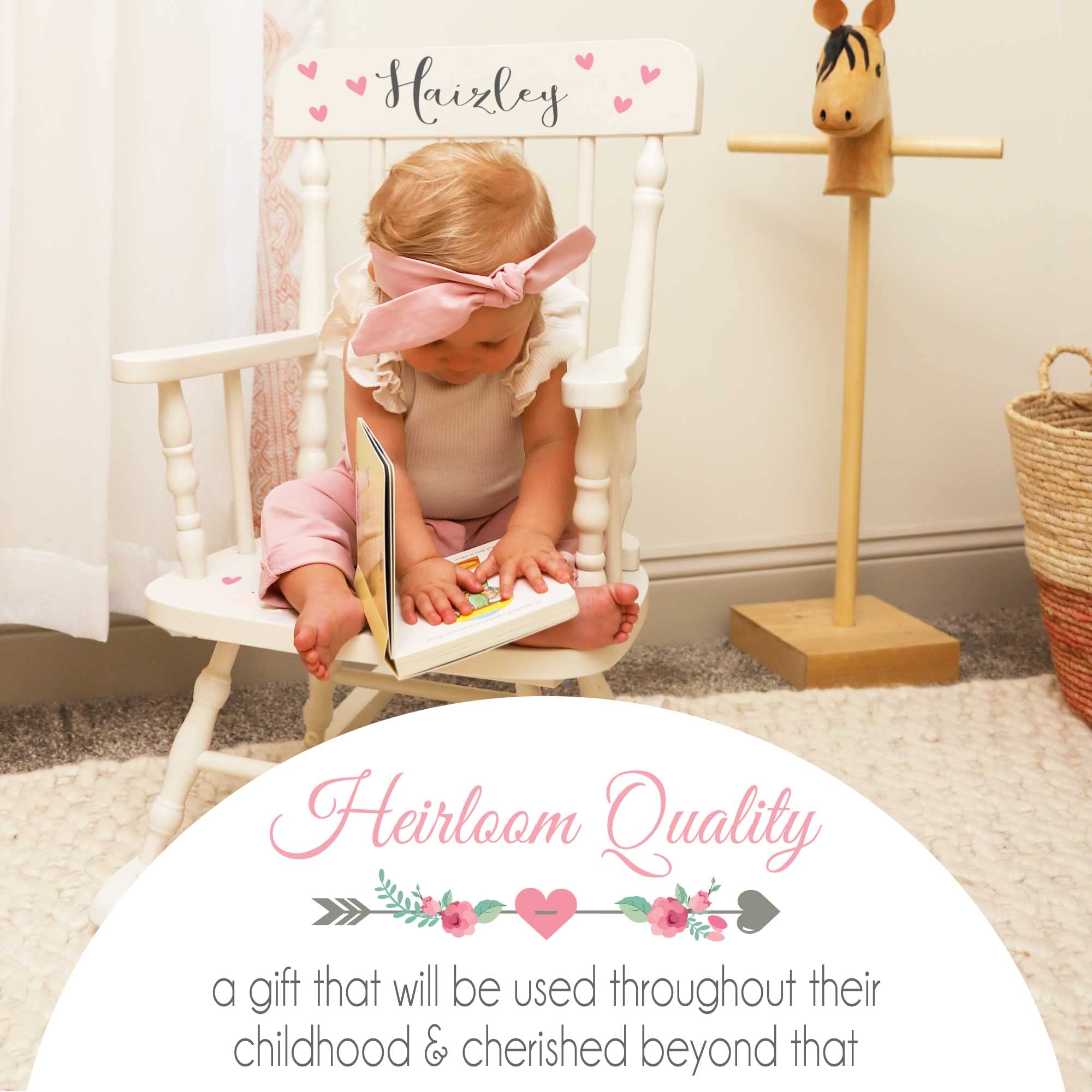Personalized White Wood Rocking Chair for Baby Girls - Custom Toddler Gift with Pink Princess Castle Design - Perfect for Nursery Decor, Birthday Presents & Photo Shoots
