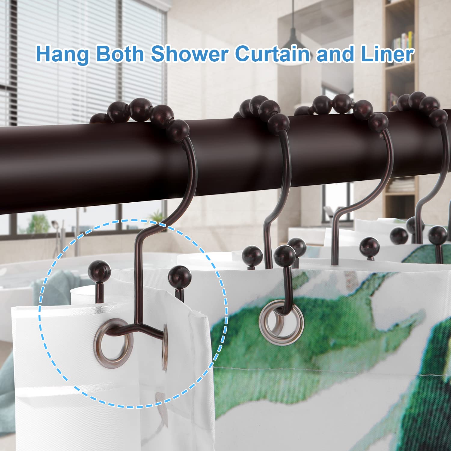 TENOVEL 12-Pack Rust-Proof Double Sided Shower Curtain Hooks - Durable Stainless Steel Bathroom Shower Rings for Rods & Curtains (Bronze) - Perfect for Bathroom, Spa, and RV Shower Organization