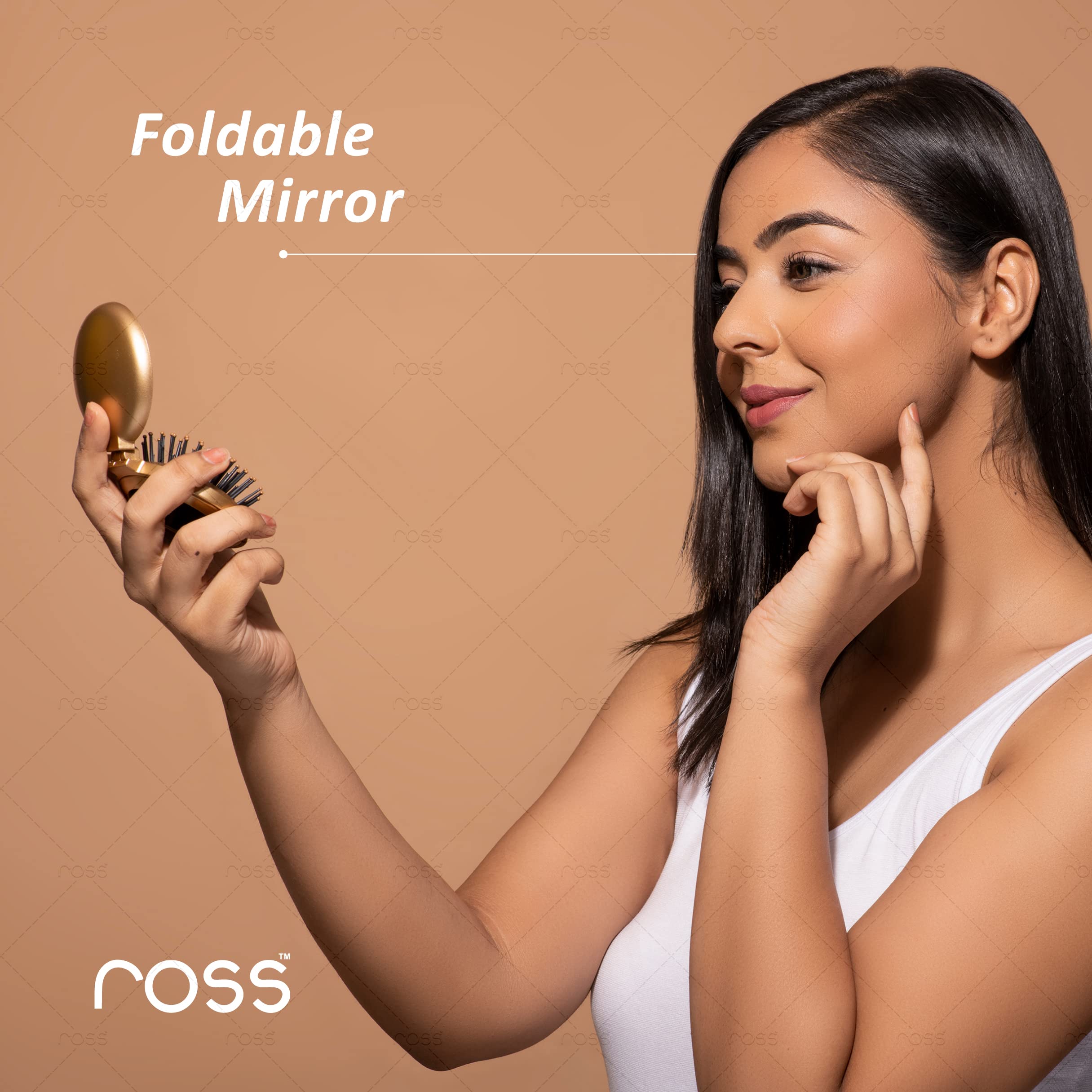 Ross Compact Pop-up Hair Brush with Foldable Mirror - Travel Hairbrush for Women & Men, Portable Makeup Mirror for Purse, Gym, Car & On-the-Go Styling (Gold)