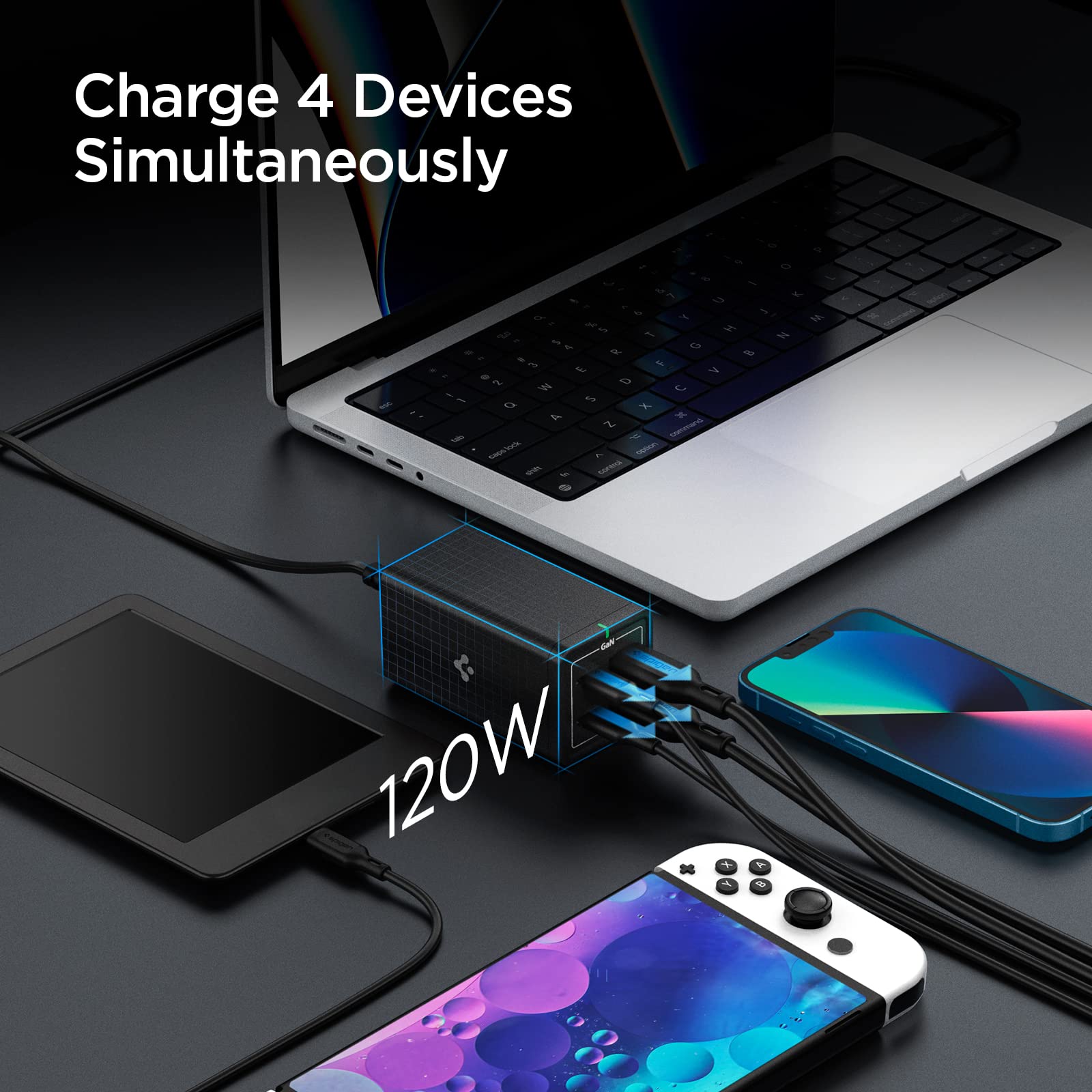 Spigen ArcDock 120W [GaN III] 4-Port USB C Charging Station - Fast PD Charger Hub with USB-C & USB-A Ports | Includes 100W USB 4 Cable for Thunderbolt 4 (40Gbps Data Transfer) | Compatible with MacBook Pro/Air, iPad, USB-C Laptops | Perfect for Home, Office & Travel Charging