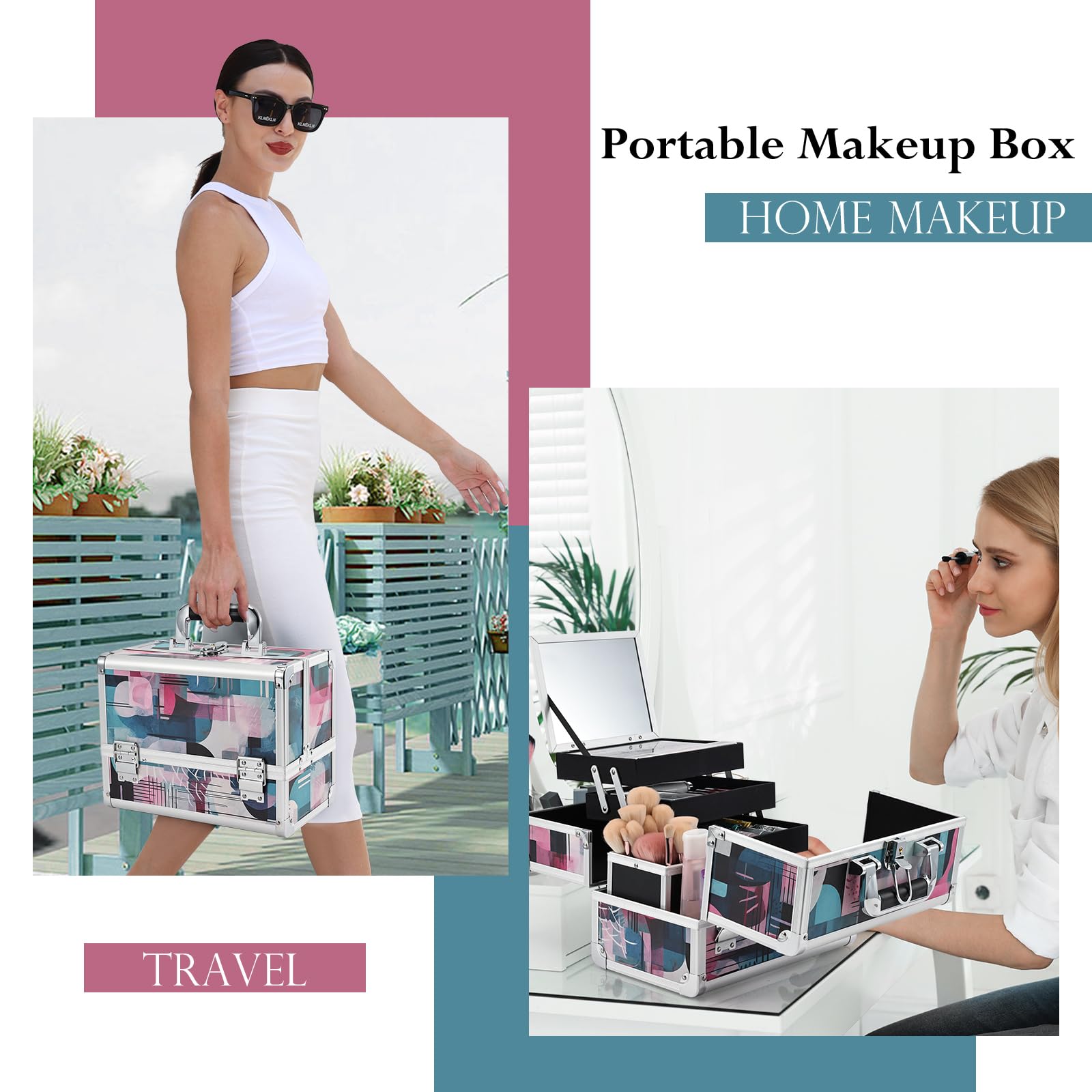 Professional 11.6 Inch Extra Large Makeup Train Case - 3-Tier Cosmetic Organizer with Mirror, Brush Holder & Lockable Keys - Modern Aquarelle Design for Travel, Salon & Professional Makeup Artists