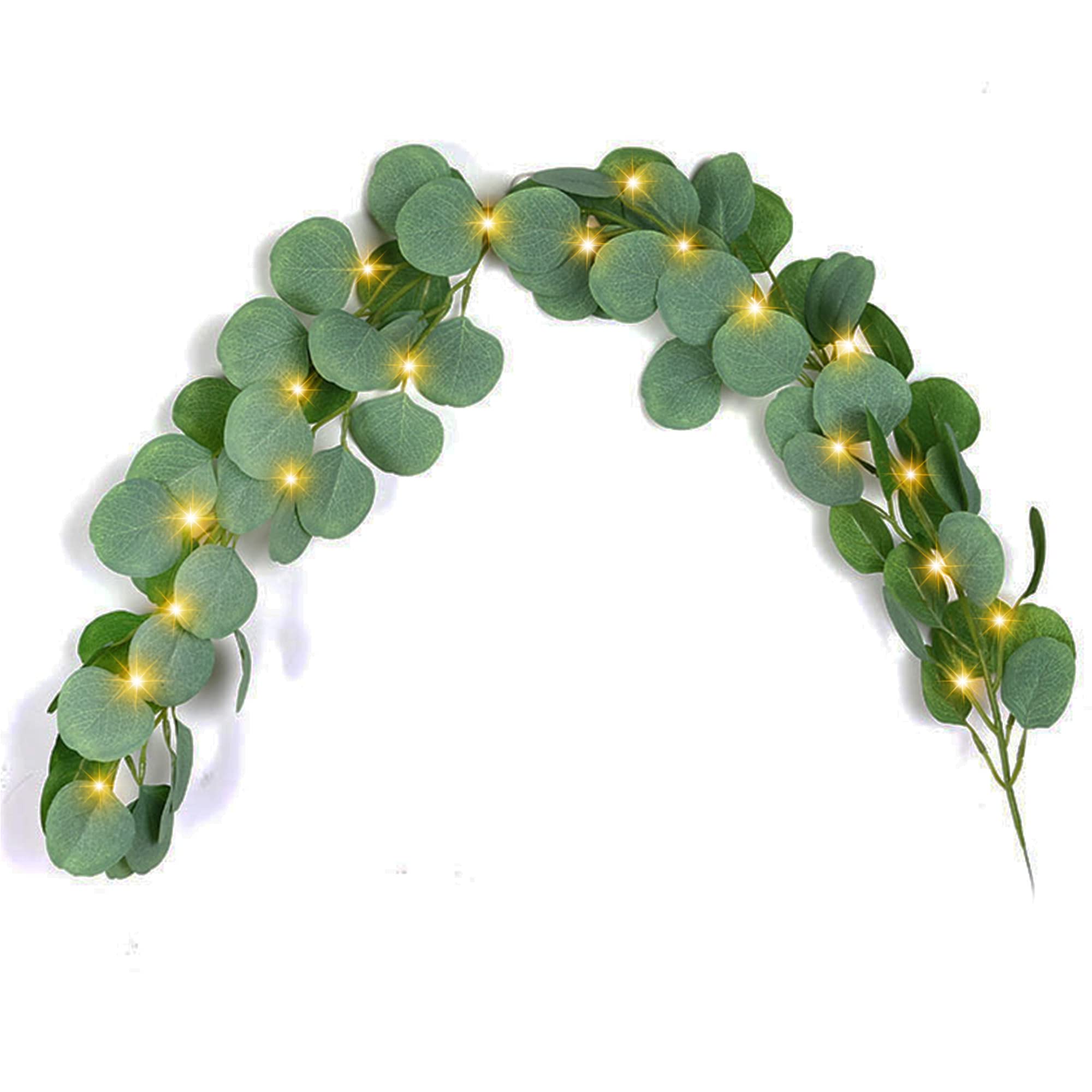 20 Warm White LED Eucalyptus Leaves Garland - 6.6ft Artificial Greenery String Lights for Home, Wedding & Party Decorations | Perfect for Wall Decor, Table Centerpieces, and Outdoor Lighting