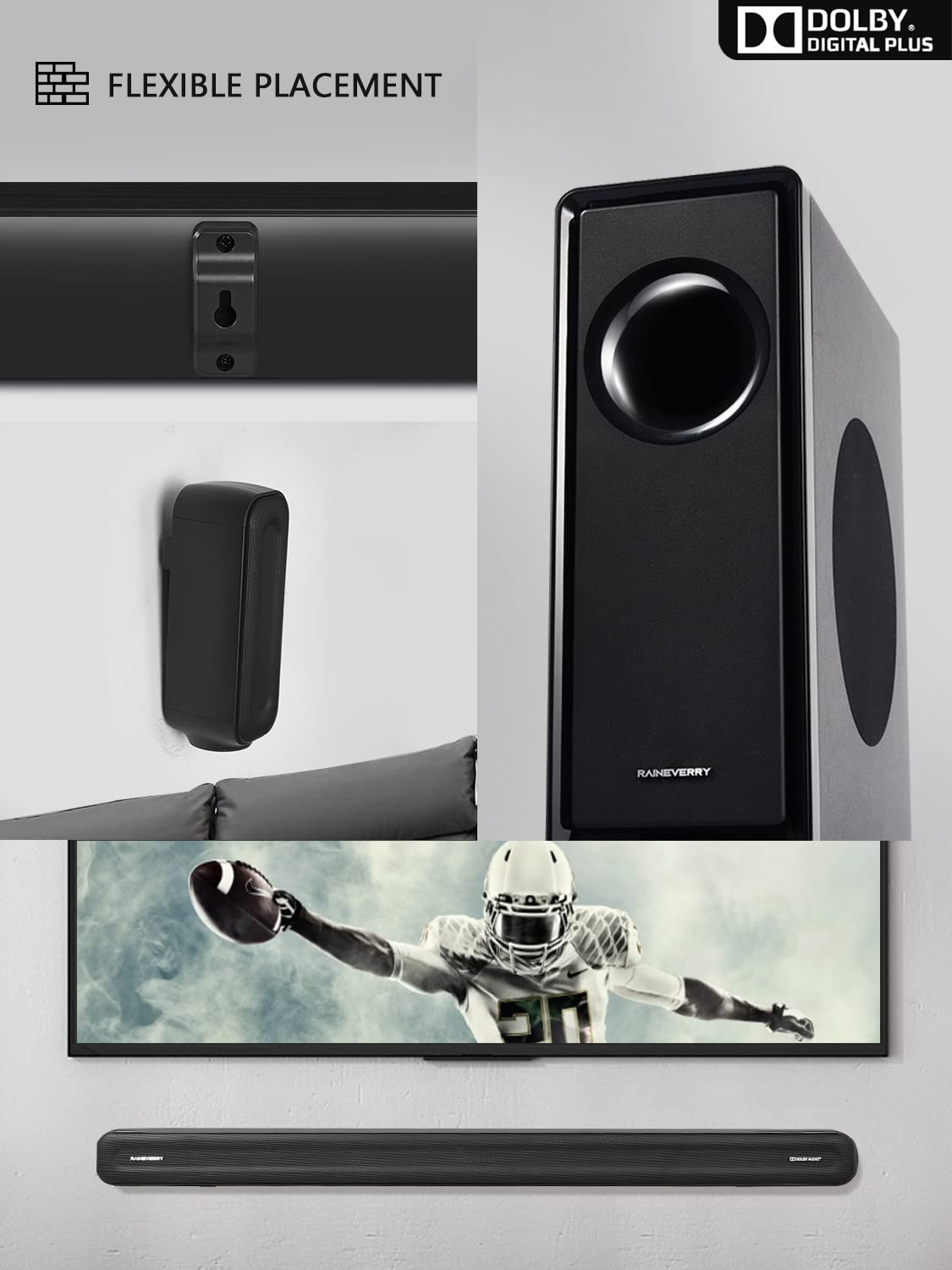 5.1 CH Surround Sound Bar with Dolby Audio & Wireless Subwoofer - Bluetooth 5.3 Soundbar for TV, Home Theater System with Rear Speakers | Dolby Digital Plus, 4K/HDTV Compatible via HDMI & Optical - Perfect for Movie Nights & Gaming Experience