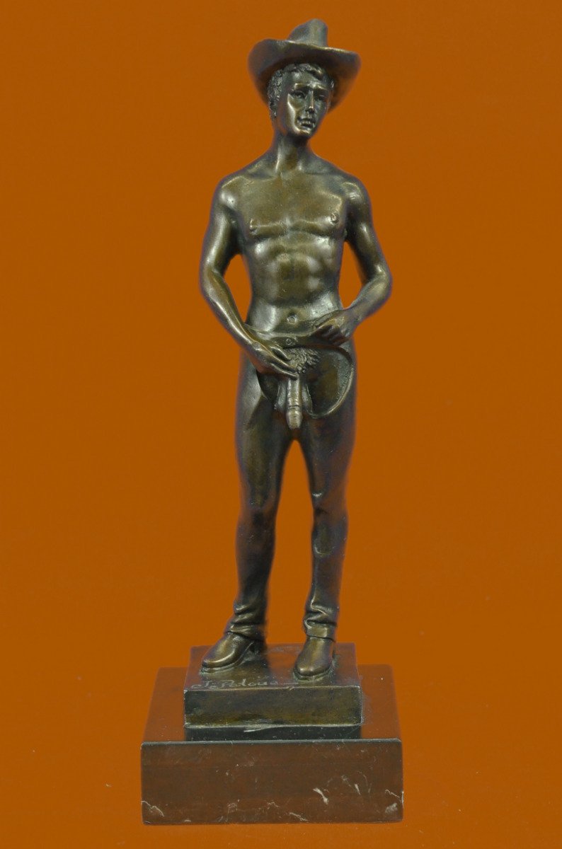 Signed Original Jean Patou Nude Cowboy Bronze Marble Sculpture - Vintage Art Statue for Western Home Decor & Luxury Office Display
