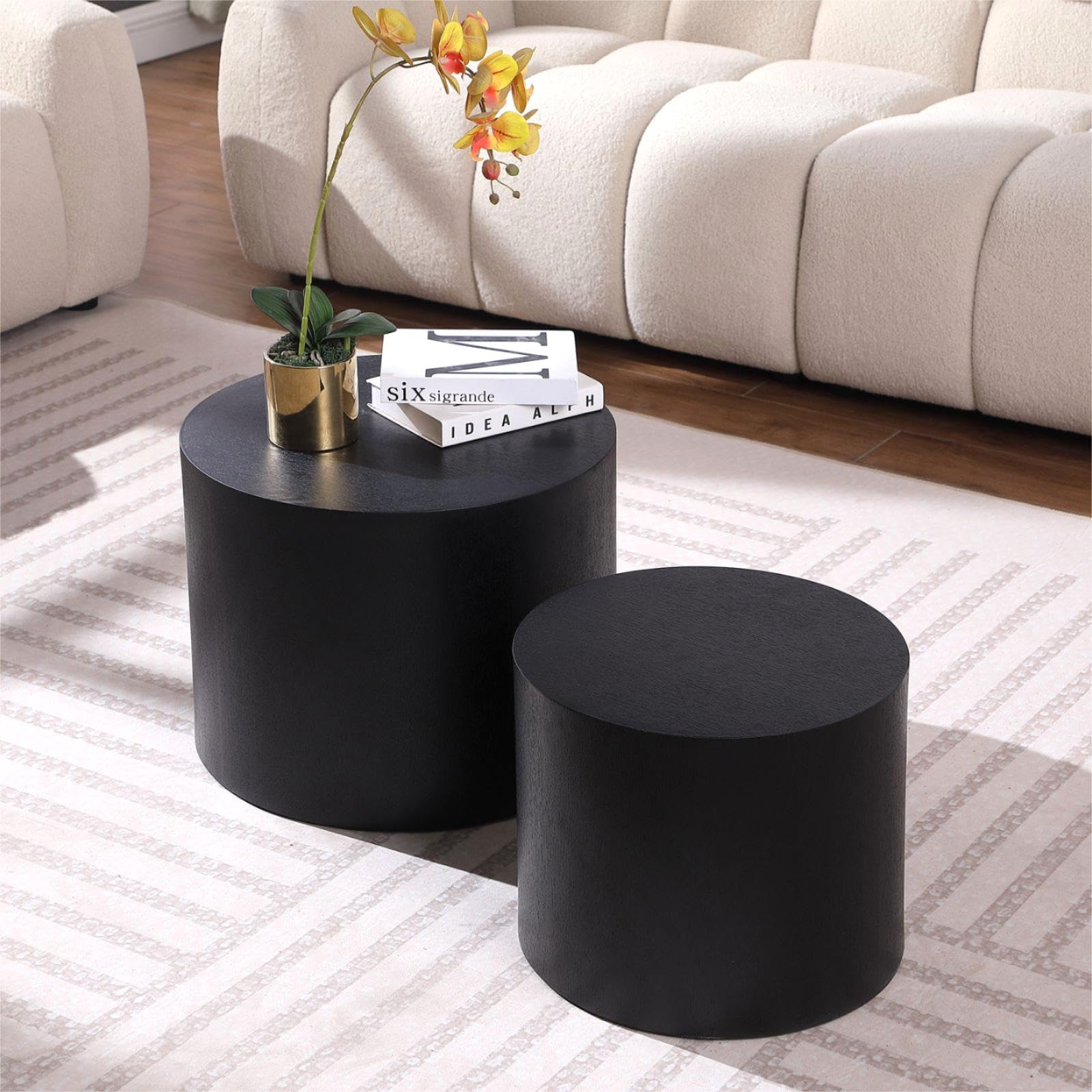Modern Round Wooden Nesting Tables Set of 2 - Black Coffee & End Tables for Small Spaces | Perfect for Living Room, Bedroom & Office