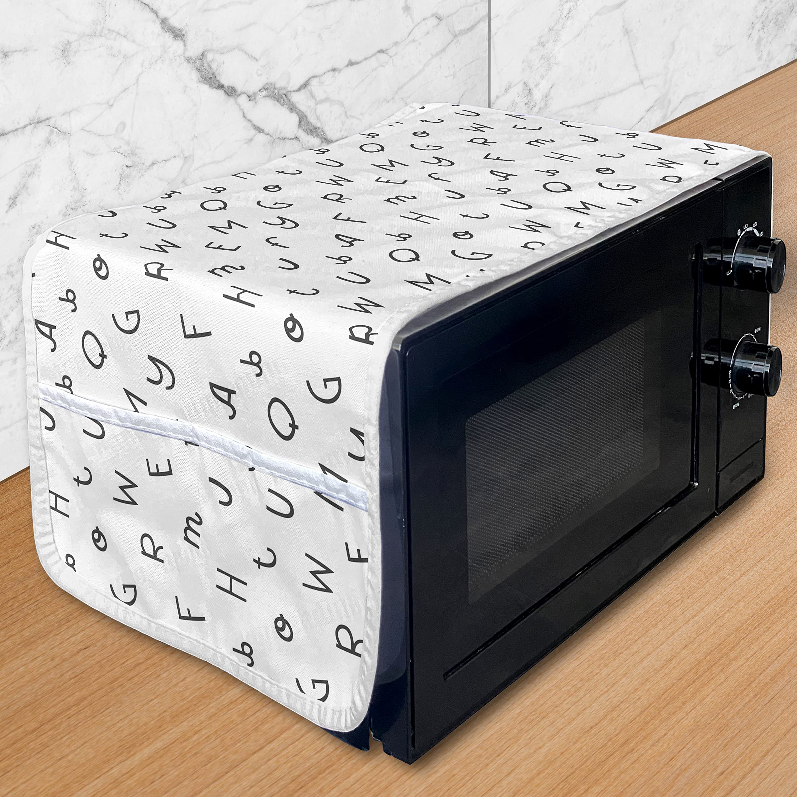 Ambesonne Alphabet Microwave Cover - Waterproof Kitchen Organizer with Pockets, 36x12 Inches, Dark Grey & White - Perfect for Small Kitchens & Dorm Rooms