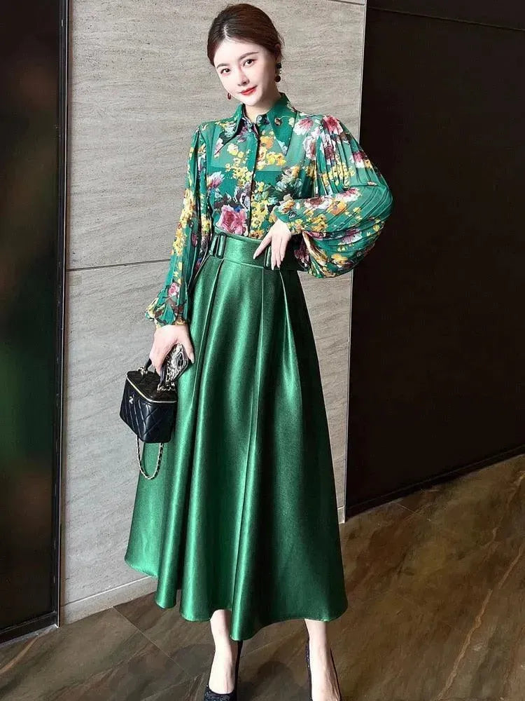 Elegant Floral Satin Two Piece Skirt Set for Women | Summer Outfits, Beach Vacation, Party Wear & Date Night Dresses
