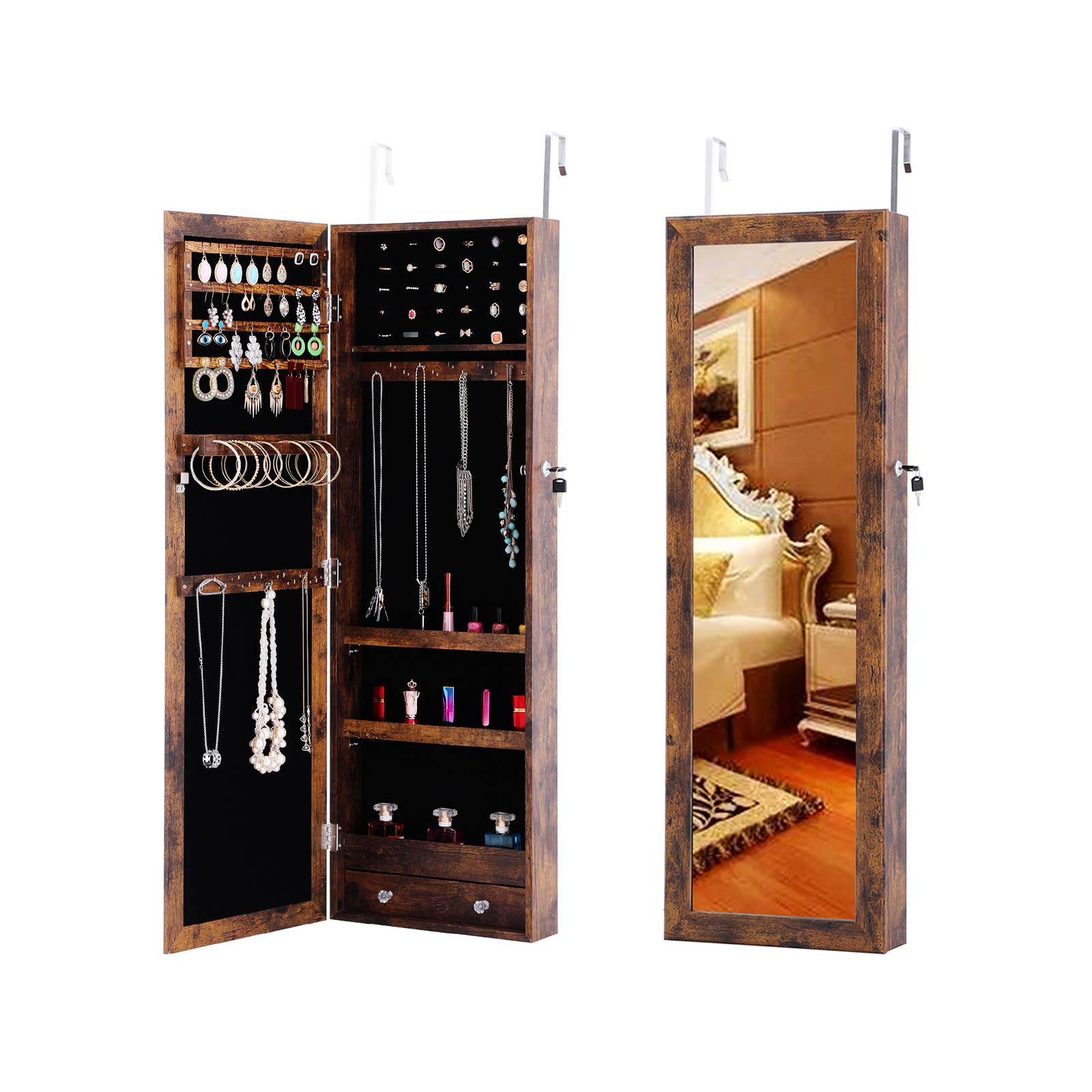 MIYACA Lockable Jewelry Cabinet with Full-Length Mirror - Wall/Door Mounted Jewelry Organizer with Large Storage Capacity, Antique-Simple Design for Bedroom, Closet & Dressing Room Organization