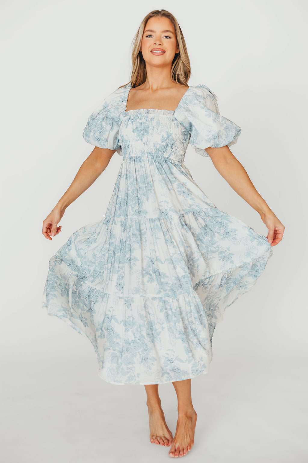 Elena Floral Print Smocked Midi Dress in Blue - Bump Friendly Maternity Dress & Inclusive Sizing for Women - Perfect for Baby Showers, Bridal Events & Summer Weddings
