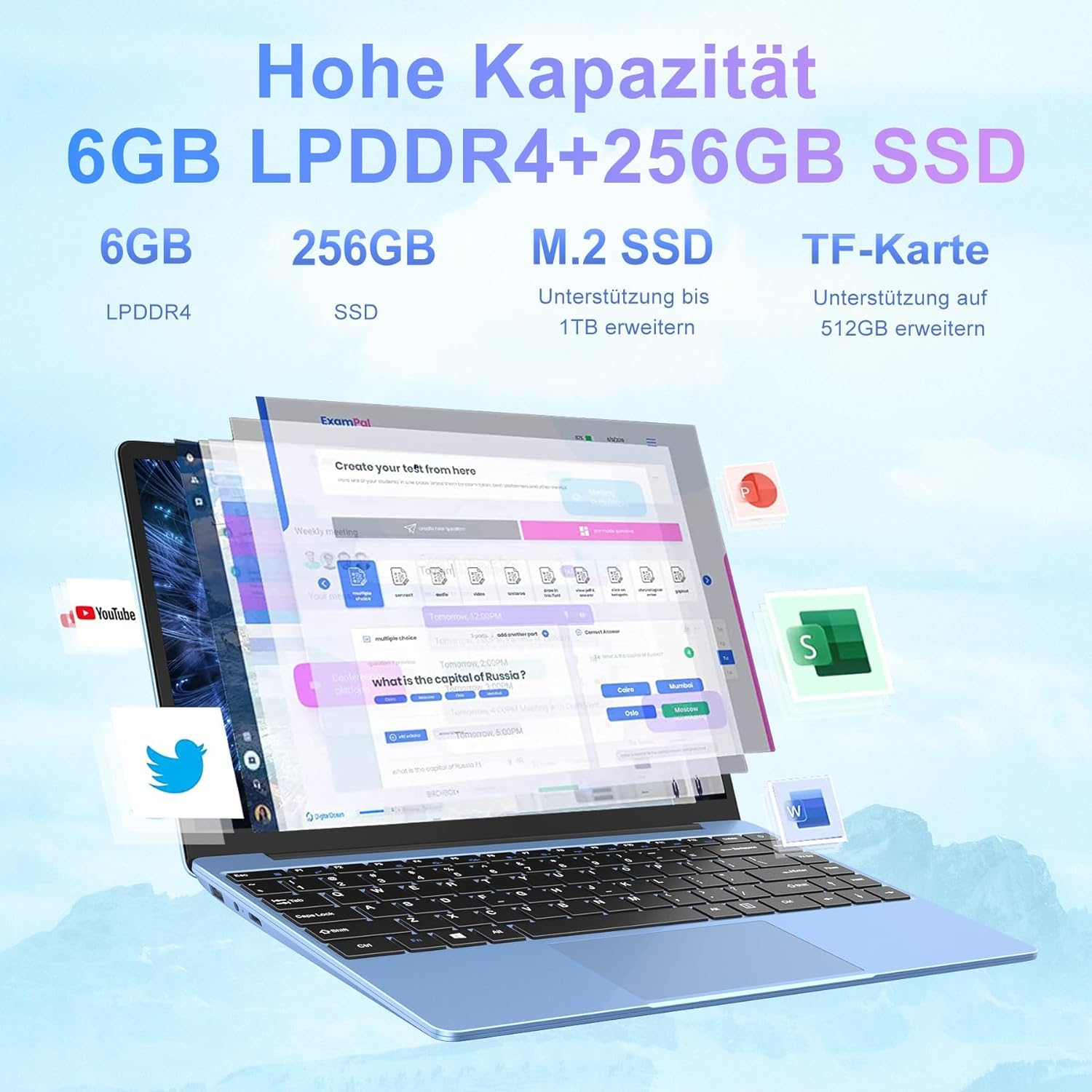 WOZIFAN 14 Inch Laptop with Windows 11, Metal Body, 256GB SSD (Expandable to 1TB), Lightweight Notebook with Dual WiFi 2.4G+5G, FHD Display, Bluetooth, USB, HDMI - Includes Wireless Mouse & German Silicone Keyboard Cover (Blue) - Perfect for Work, Study, and Travel