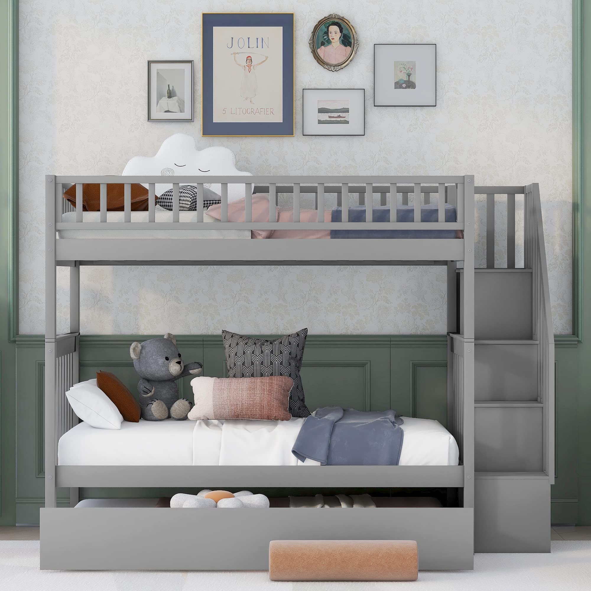 Harper & Bright Designs Twin Over Twin Solid Wood Bunk Bed with Trundle & Stairs - Space-Saving Kids, Teens & Adult Bedroom Furniture (Grey) - Perfect for Small Rooms, Guest Rooms & Shared Kids' Bedrooms