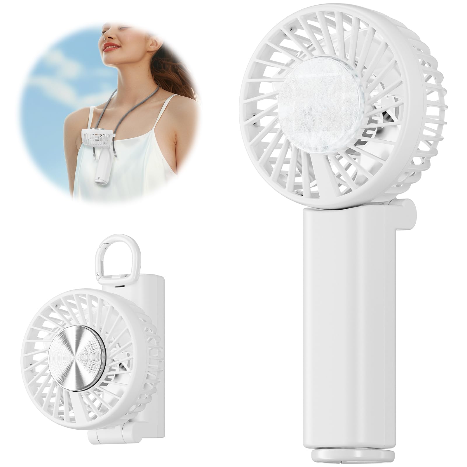 5000mAh Rechargeable Handheld Cooling Fan - Portable Mini AC Fan with Foldable Design, Ice Cooling Technology for Men Women & Kids - Perfect for Beach Travel, Outdoor Activities, Camping and Office Use (White)