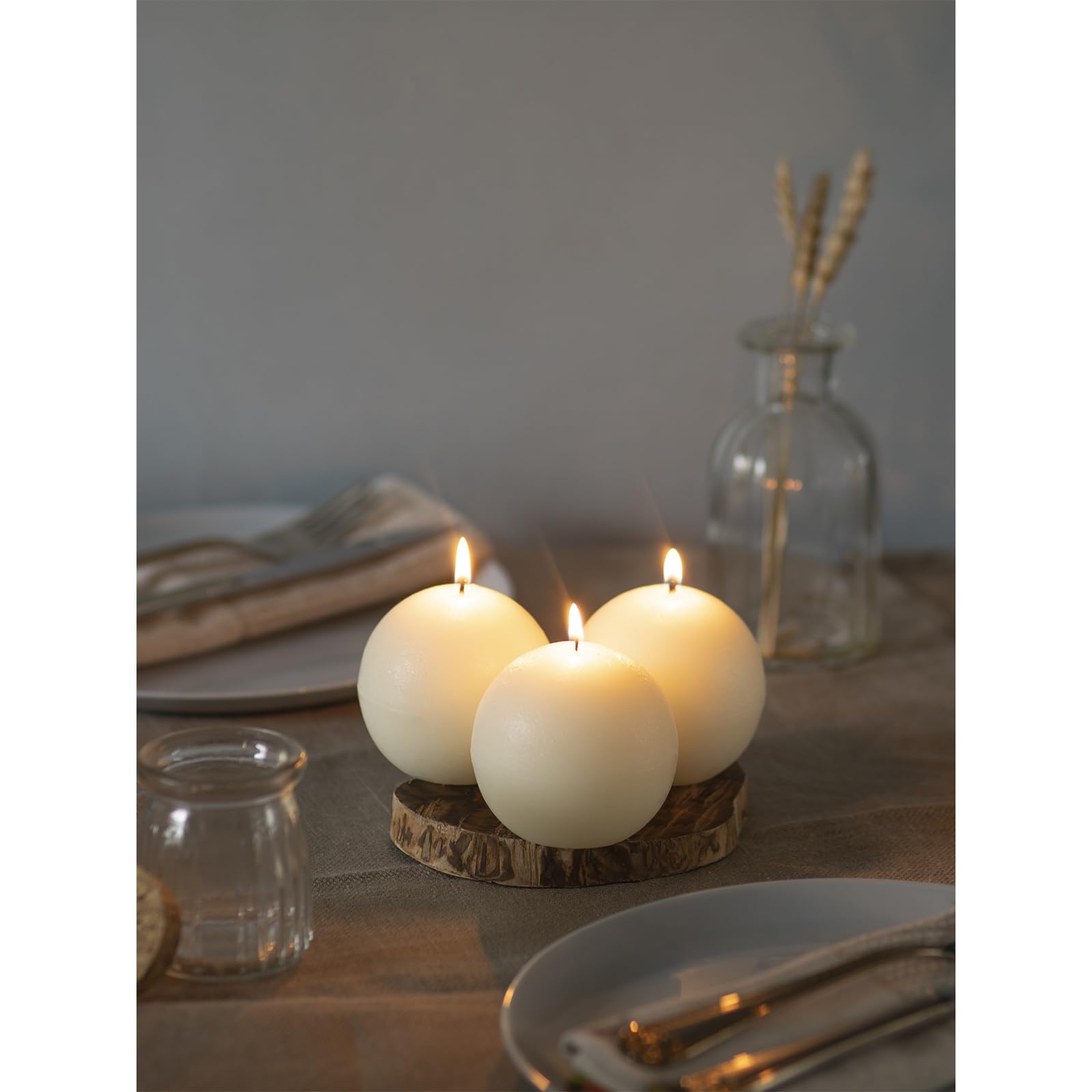 CANDWAX Set of 3 Unscented Round Ball Candles (3 Inch) - Long Burning Ivory Decorative Candles for Wedding, Romantic Home Decor & Table Centerpieces