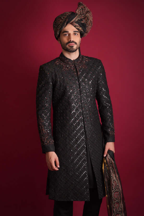 Elegant Jet Black Sherwani with Jewel Tones | Premium Indian Wedding Attire for Groom & Groomsmen | Perfect for Weddings, Festivals & Special Occasions