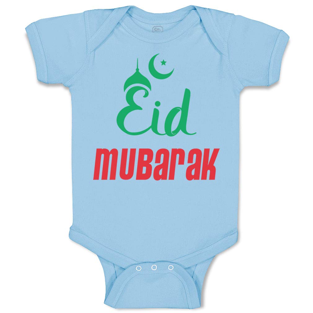 Eid Mubarak Baby Bodysuit - Arabic Cute Cotton Outfit for Boys & Girls (0-6 Months) - Light Blue Funny Design - Perfect for Eid Celebrations & Family Photos