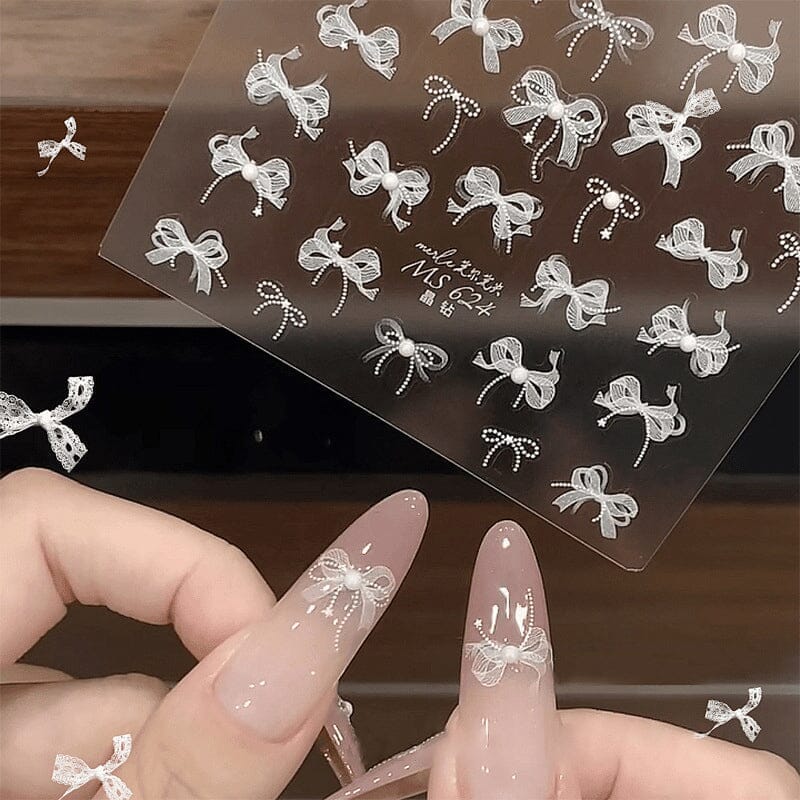 3D White Lace Bowknot Nail Stickers with Rhinestones - T355 #01 for Manicure, Nail Art, and Special Occasions