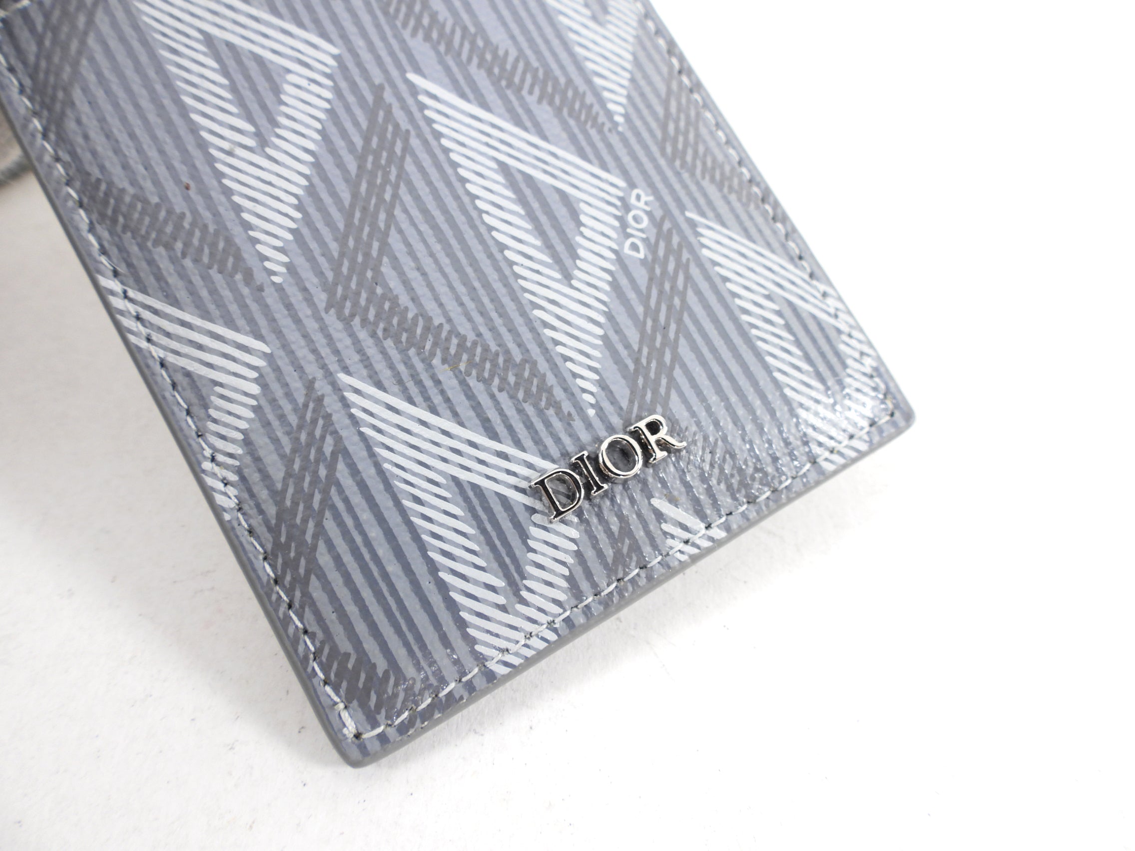 Dior CD Diamond Print Grey Coated Canvas Card Holder with Lanyard - Stylish Wallet for Everyday Use, Travel & Events