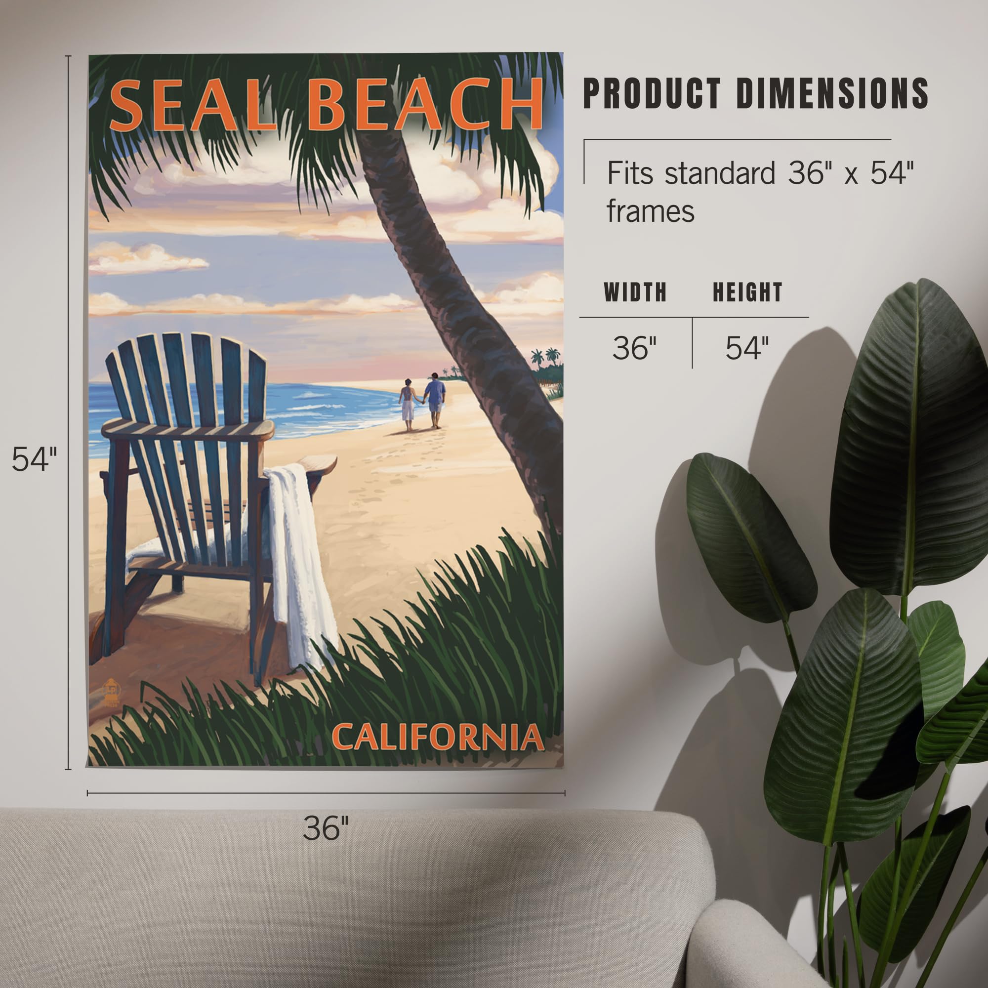 Lantern Press 36x54 Inch Giclee Art Print - Seal Beach California Sunset with Adirondack Chairs Wall Decor | Coastal Home Decor, Living Room Art, Beach House Wall Art