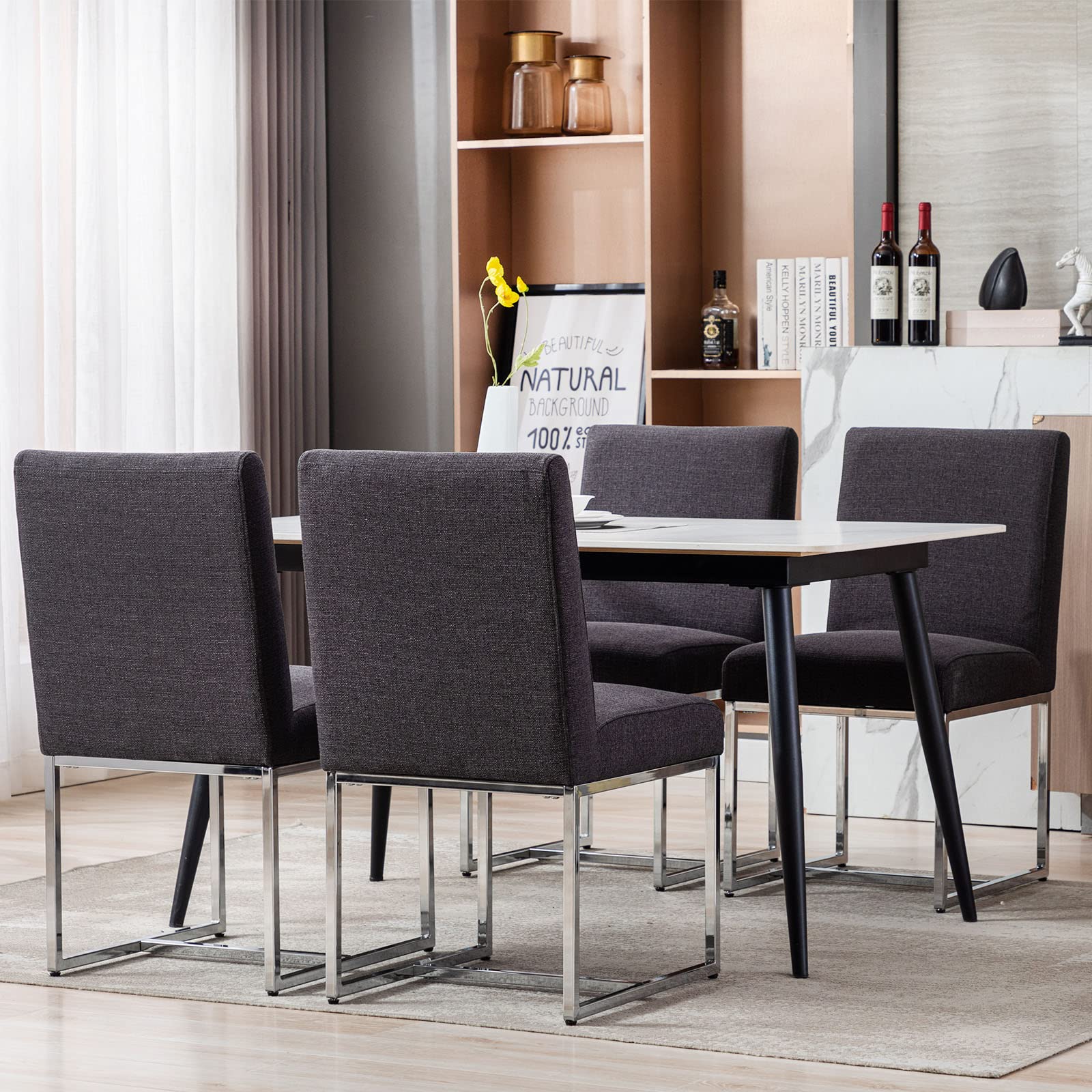 Modern Dining Chairs Set of 2 - Mid Century Upholstered Kitchen Chairs with Linen Fabric & Chrome Metal Frame - Charcoal Black - Perfect for Dining Room, Kitchen Island & Small Space Decor