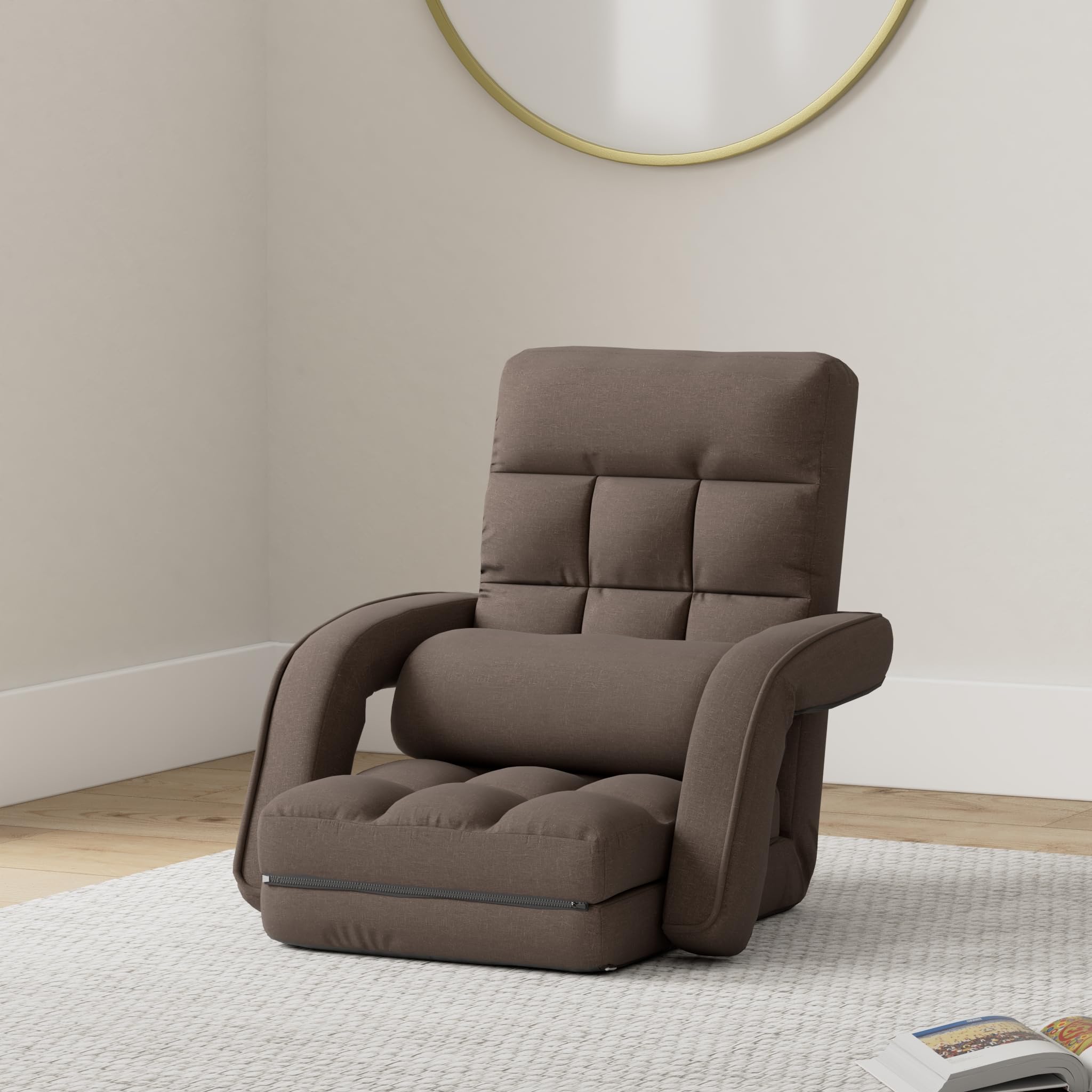 FLOGUOR 14-Position Adjustable Floor Chair - Ergonomic Chaise Lounge with Armrests & Pillow - Foldable Lazy Sofa for Adults - Perfect for Gaming, Living Room & Bedroom (Brown 8803CO) - Great for Movie Nights, Reading & Relaxation