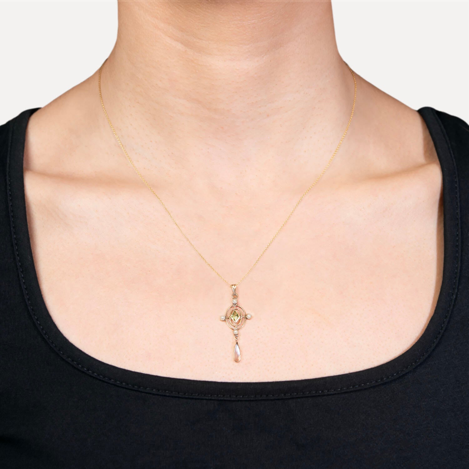 10k Gold Art Nouveau Lavalier Necklace with Peridot, Moonstone & Pearl – Elegant Vintage Jewelry for Weddings, Parties & Special Occasions