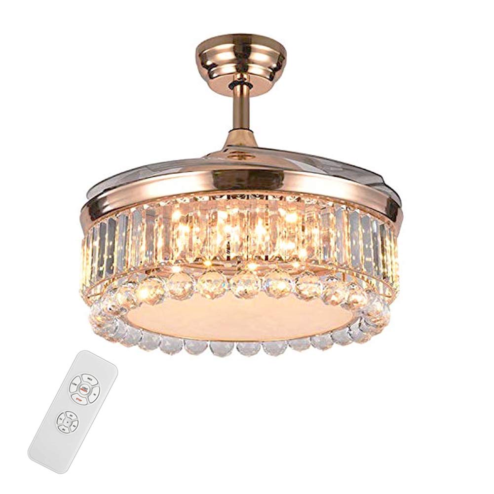 OUKANING 42 Inch Gold Crystal Ceiling Fan with LED Lights - Dimmable Retractable Chandelier Fan with Remote Control, Ultra Quiet for Bedroom, Dining Room & Living Room | Modern Home Decor & Cooling Solution