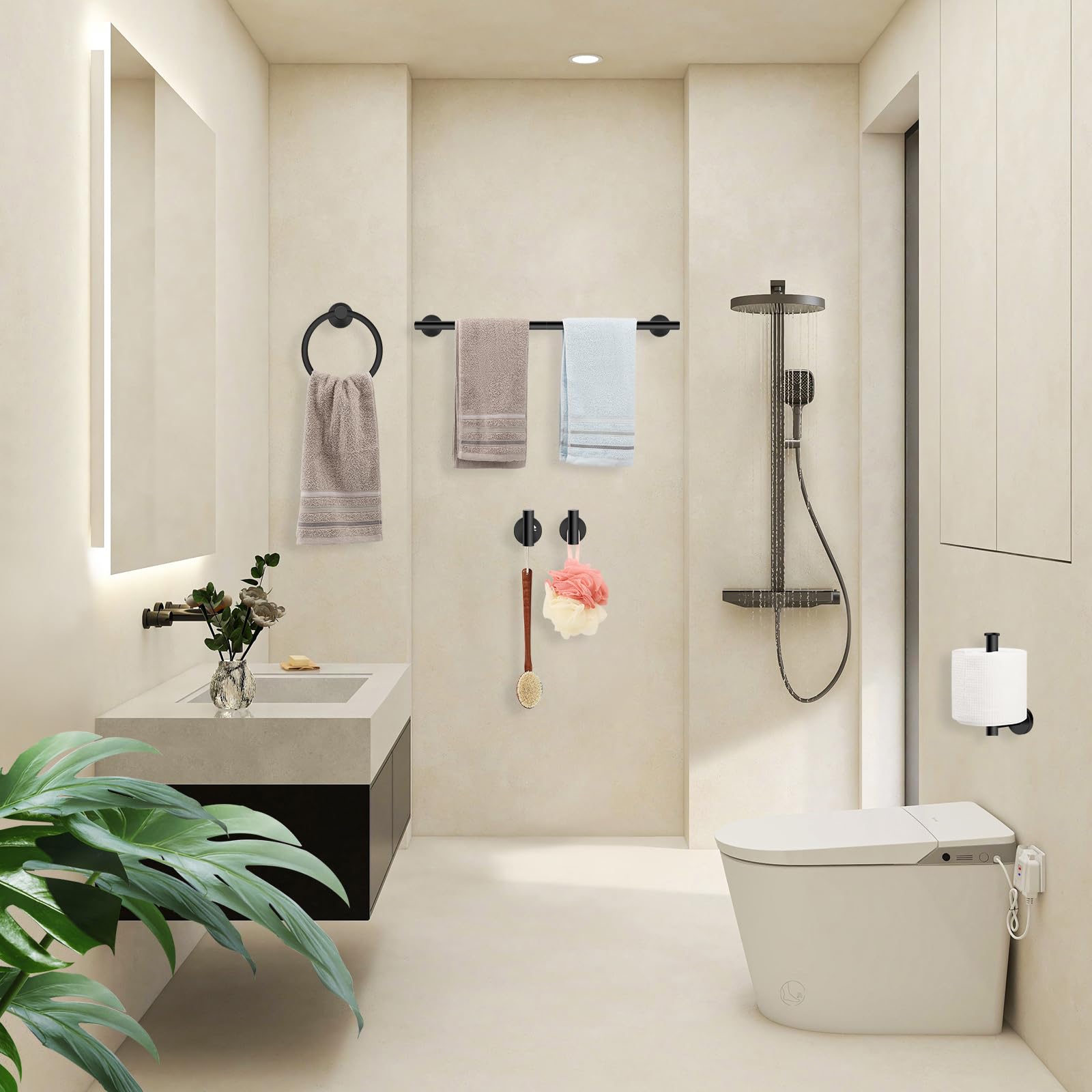 Premium Matte Black Bathroom Hardware Set - 5-Piece Stainless Steel Towel Bar (24 Inch), Toilet Paper Holder & Towel Ring Set - Modern Black Bathroom Accessories Kit for Home, Hotel & Spa Decor
