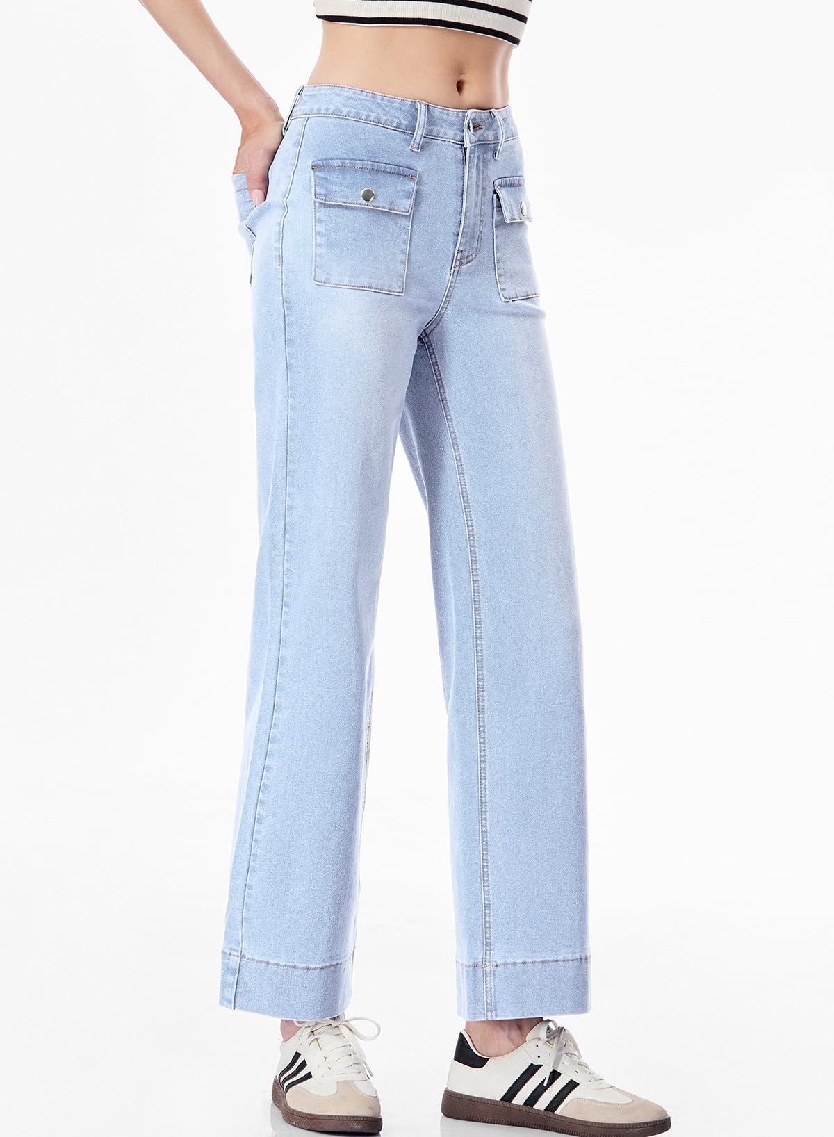 Sidefeel Women's High Waisted Wide Leg Stretchy Jeans with Patch Pockets | Comfortable Spring Outfit | Perfect for Casual Wear, Office & Date Night