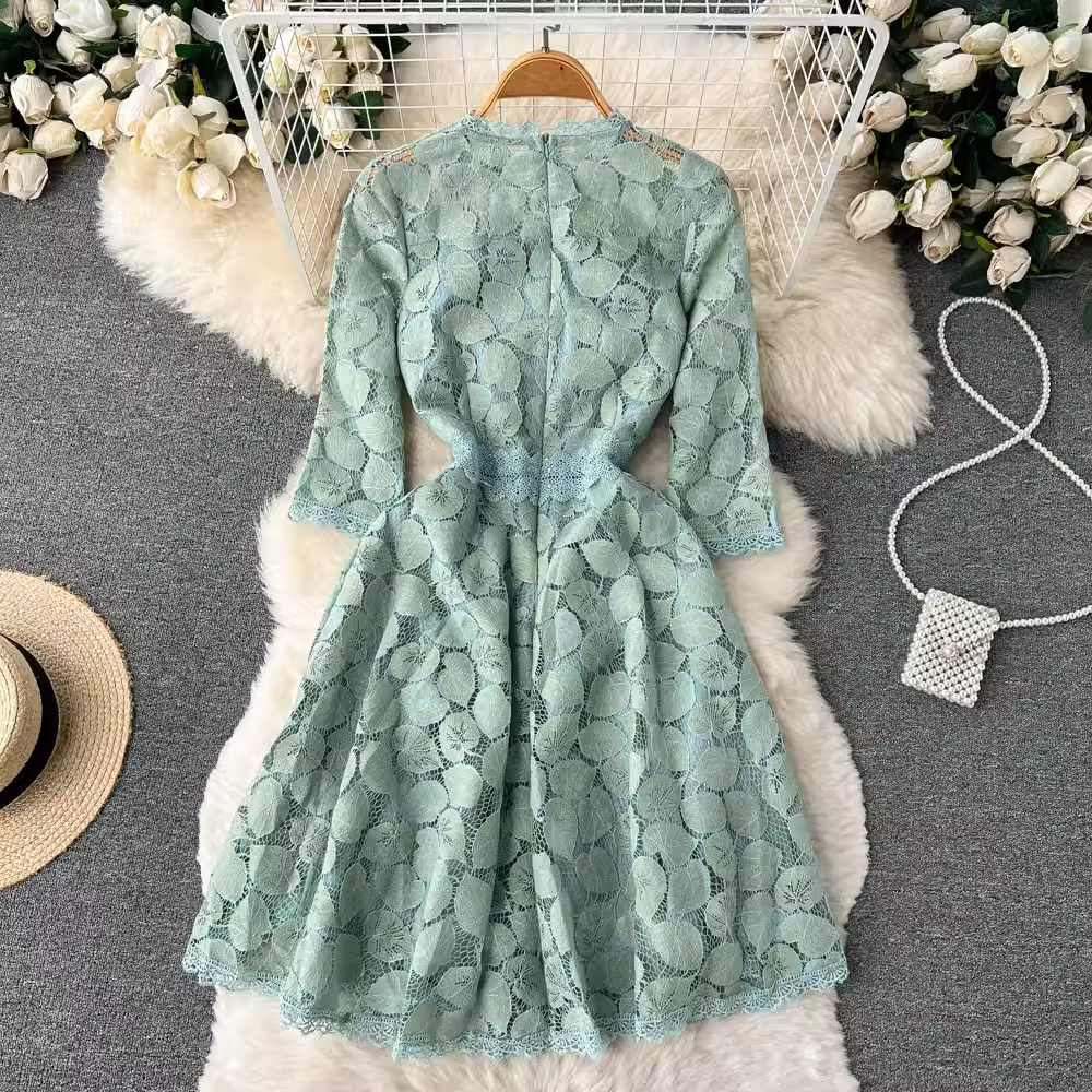Elegant Hollow Autumn Dress for Women - A-Line Long Sleeve Flowy Skirt 1193 | Perfect for Fall Weddings, Office Wear & Seasonal Photoshoots