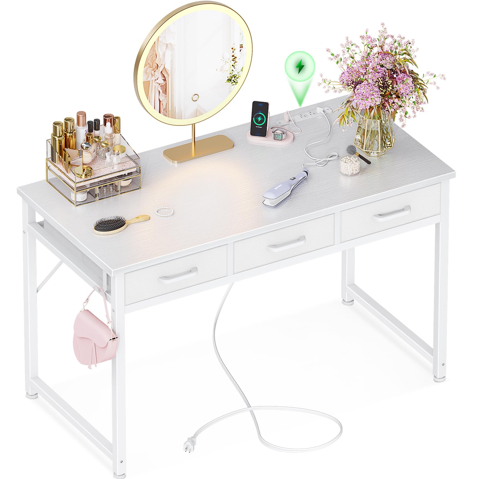 AODK 48 Inch White Vanity Desk with 3 Fabric Drawers & Charging Station - Makeup Dressing Table Without Mirror, Large Girls Vanity Desk for Bedroom, Home Office & Beauty Room Organization