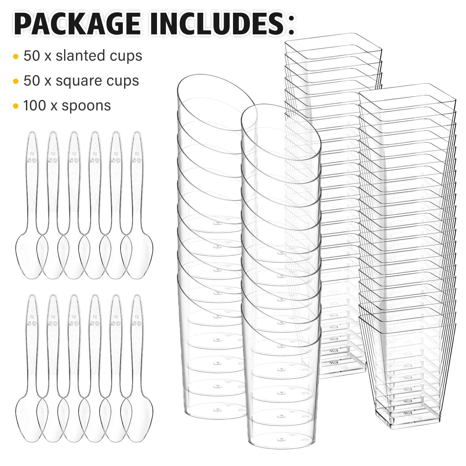 100-Pack Square & Slanted Plastic Dessert Cups with Spoons - 2.2oz & 5oz Mini Party Shooters for Banana Pudding, Yogurt, Jello, Fruit, Appetizers - Perfect for Weddings, Baby Showers & Catering Events