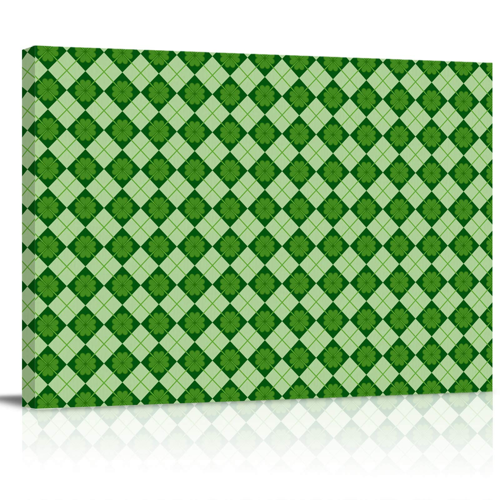 St. Patrick's Day Shamrock Diamond Plaid Framed Canvas Wall Art - Irish-Themed Home Decor for Bathroom, Bedroom & Living Room | Ready-to-Hang Stretched Painting for Holiday Celebration & Housewarming Gifts